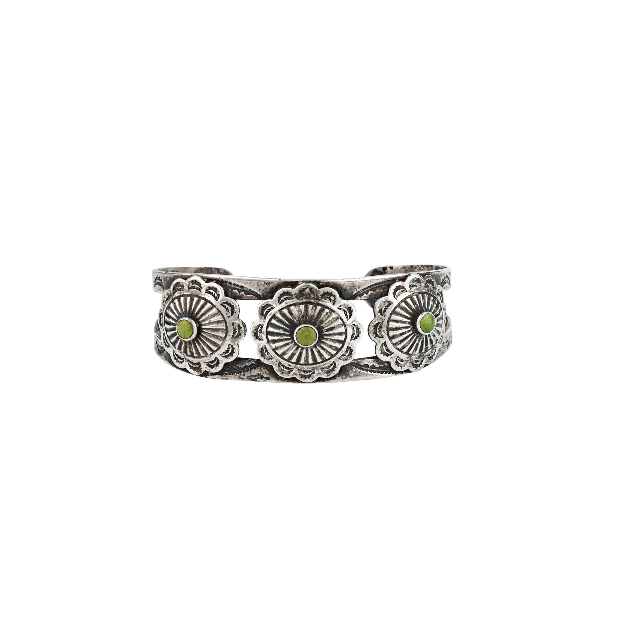 Vintage Navajo Tres Conchos Cuff (c.1950's), Fox turquoise, native, Navajo, sterling silver, made in USA, wild west, accessory