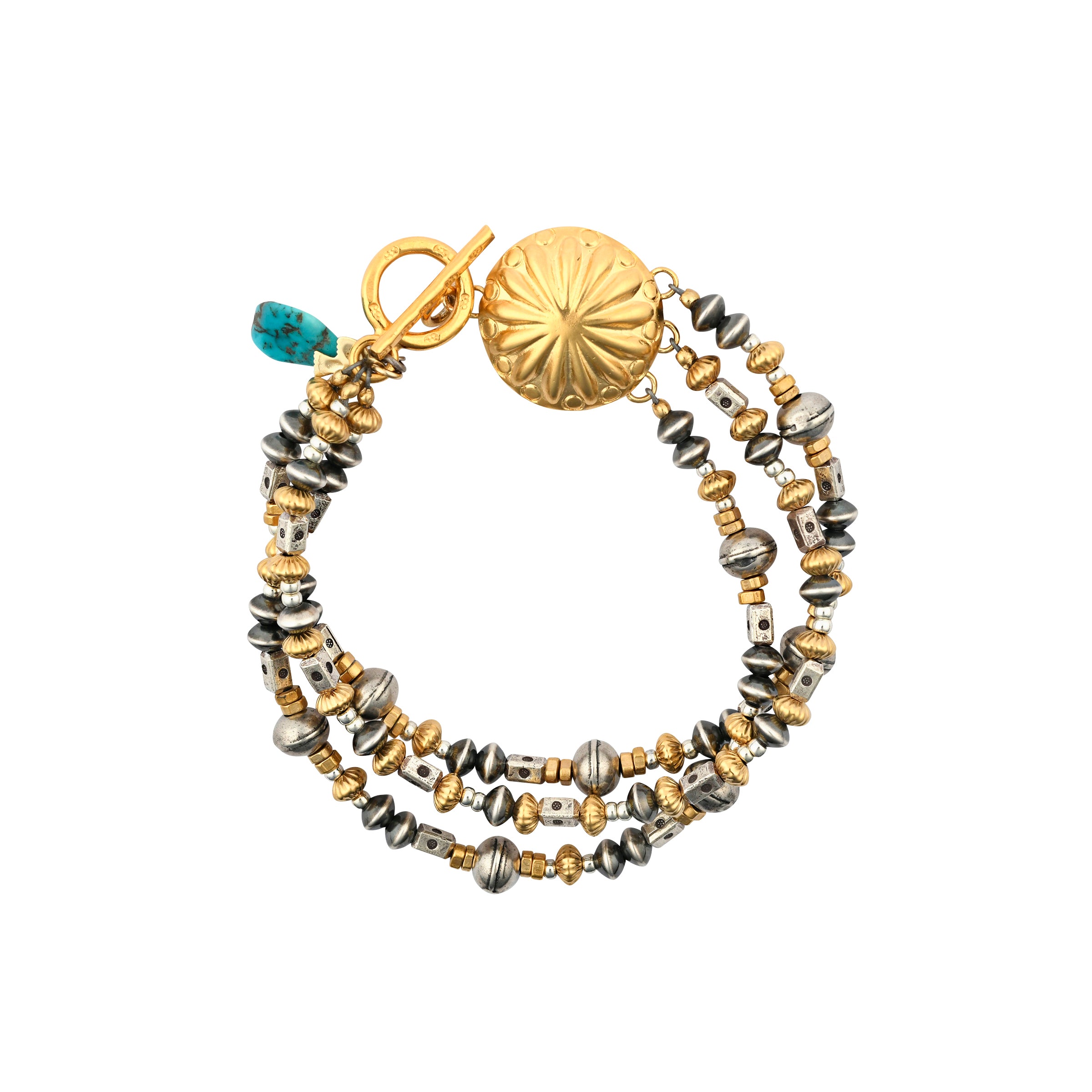 A beaded, three-strand bracelet strung with Desert Pearl Saucers, stamped Sterling Silver Thai beading, and tones of 14k Gold Plate accent beading that all come together to a 14k Gold Plated Concho.