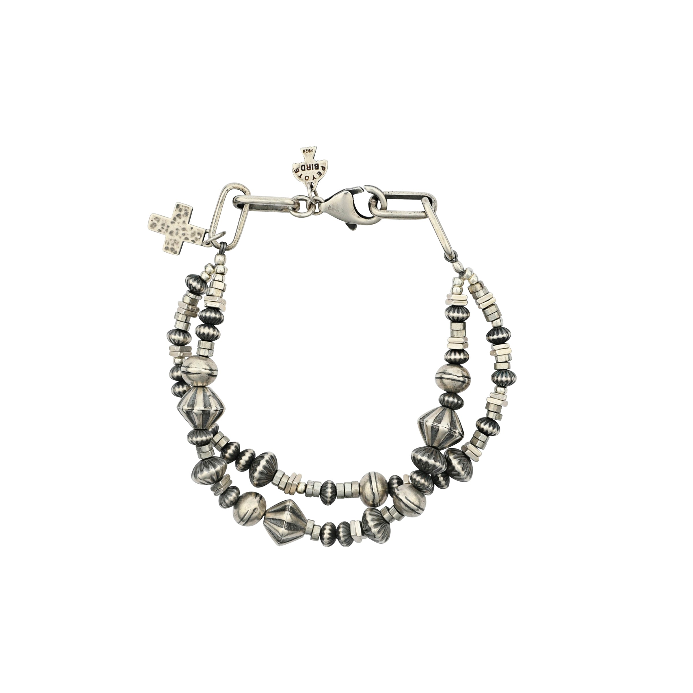 A Sterling Silver beaded charm bracelet featuring vintage inspired beading and a cross charm