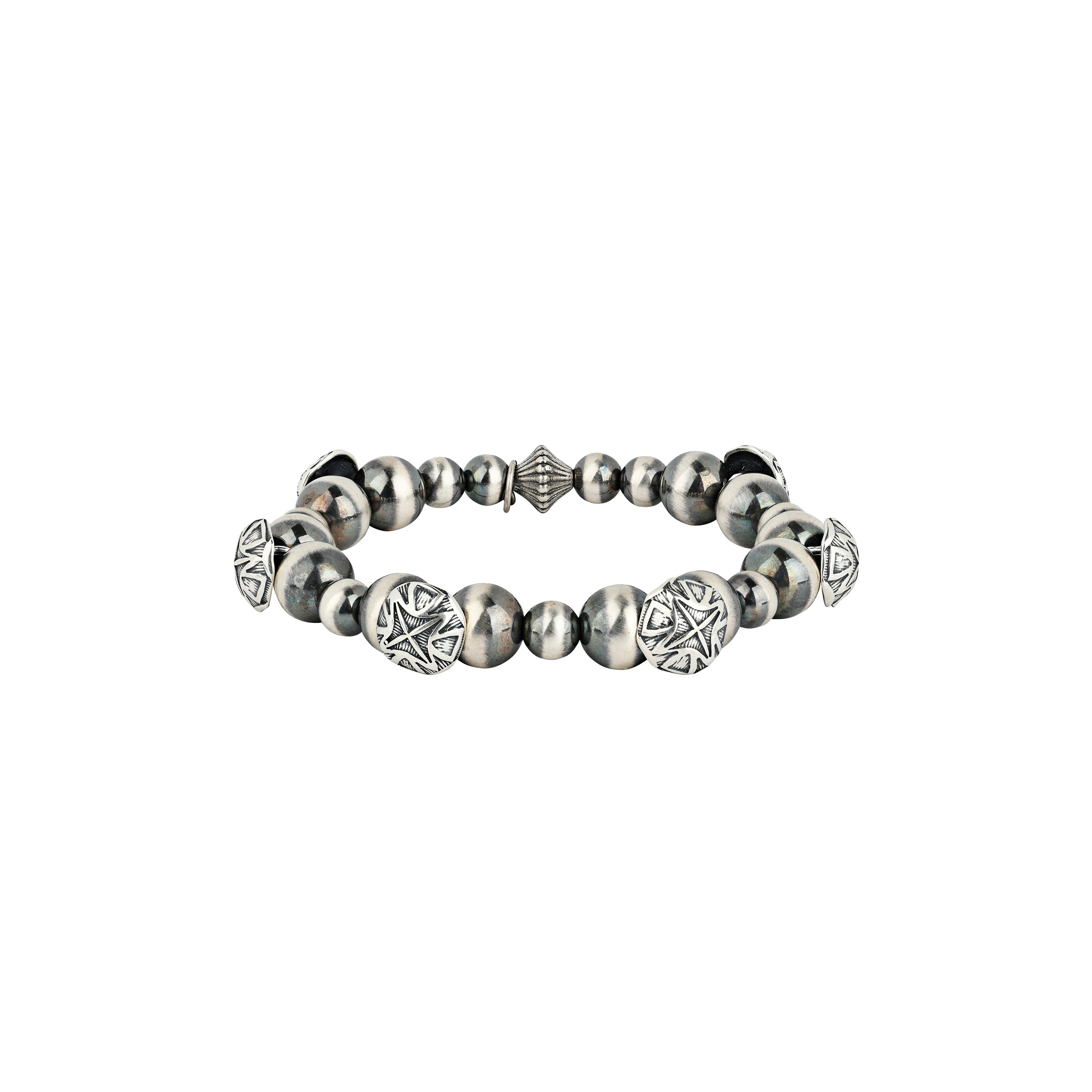 Sterling Silver beaded men's bracelet strung with Desert Pearls, Concho's and vintage inspired beading
