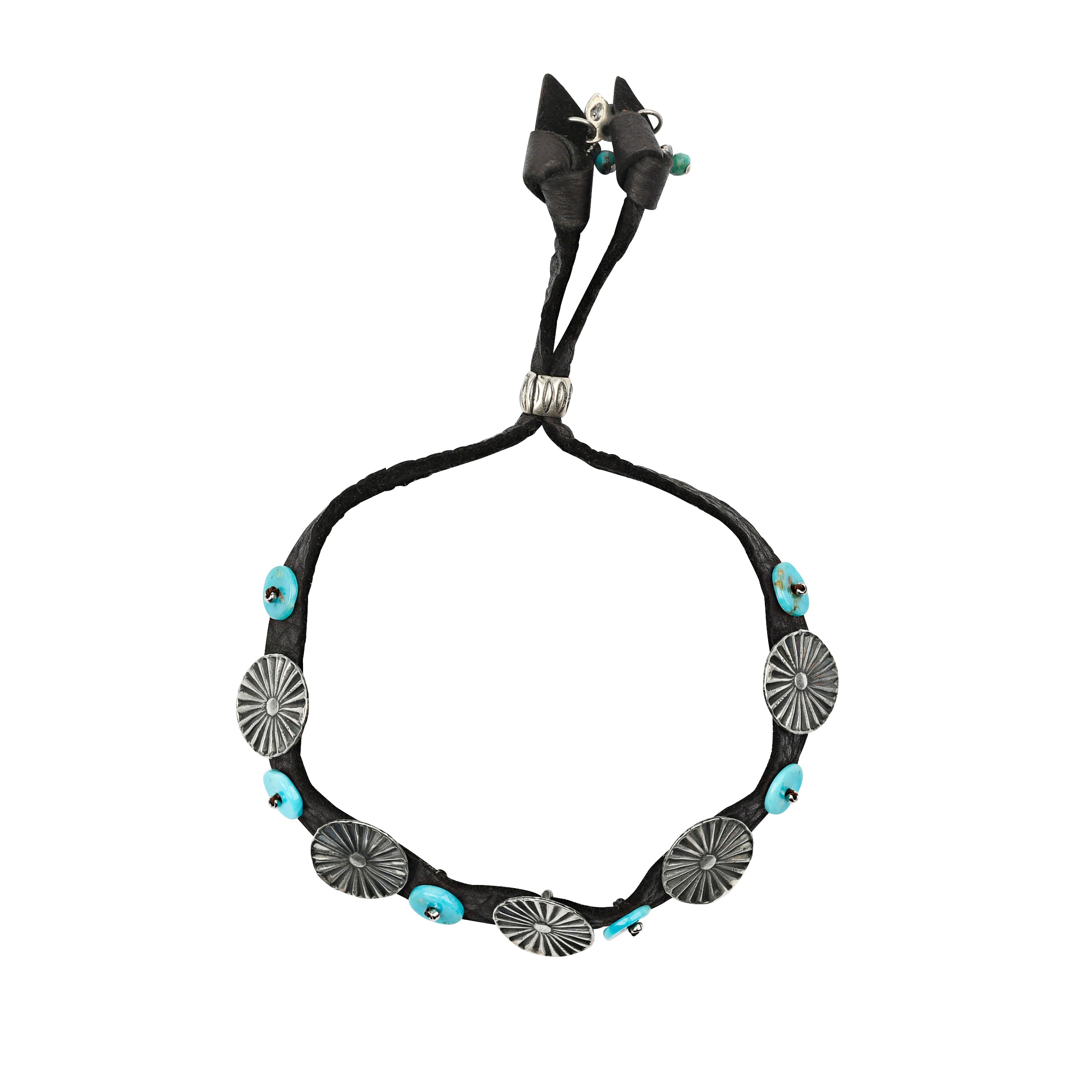 Blue Turquoise tabs and Sunburst conchos strung on a black deerskin leather bracelet for Southwestern style