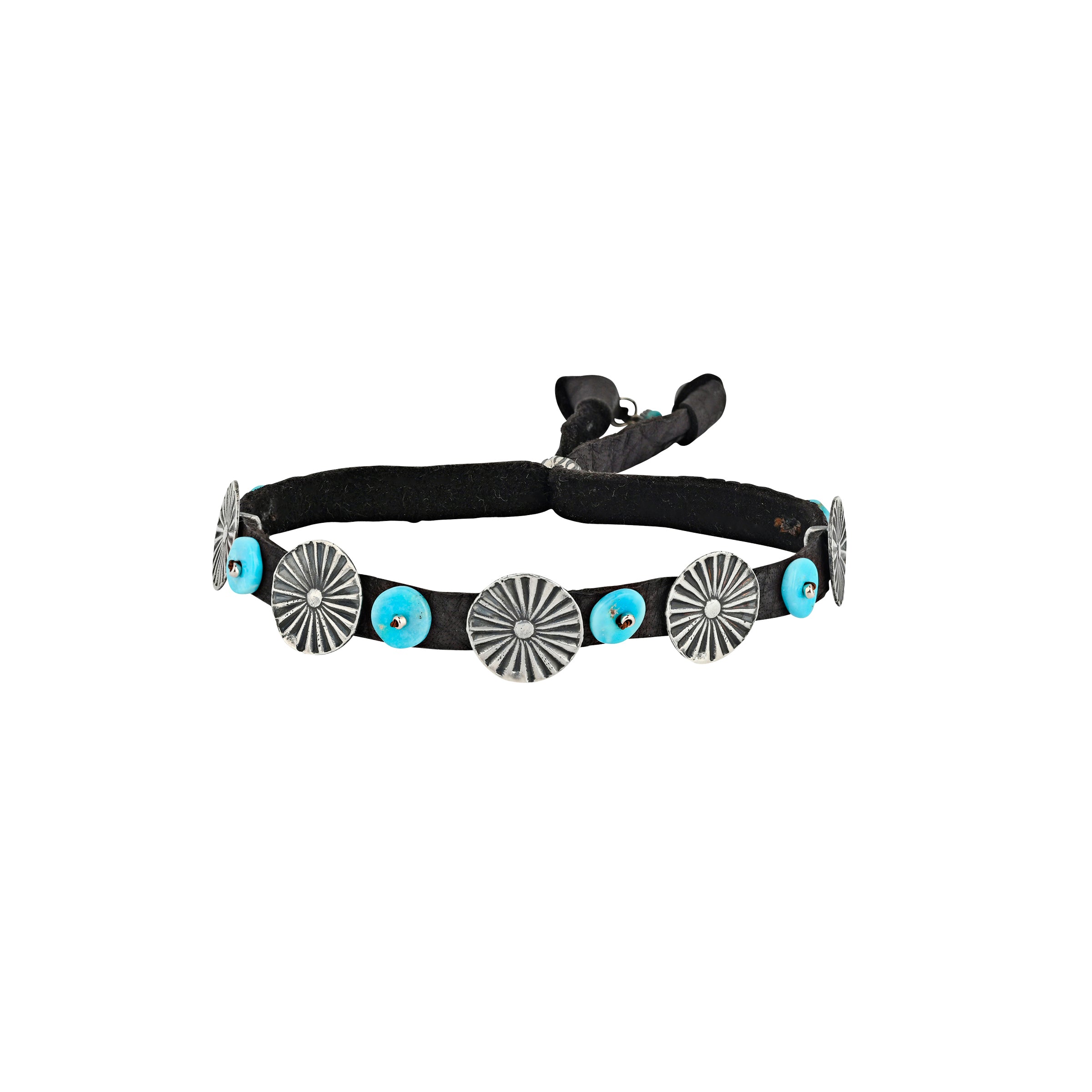 Blue Turquoise tabs and Sunburst conchos strung on a black deerskin leather bracelet for Southwestern style