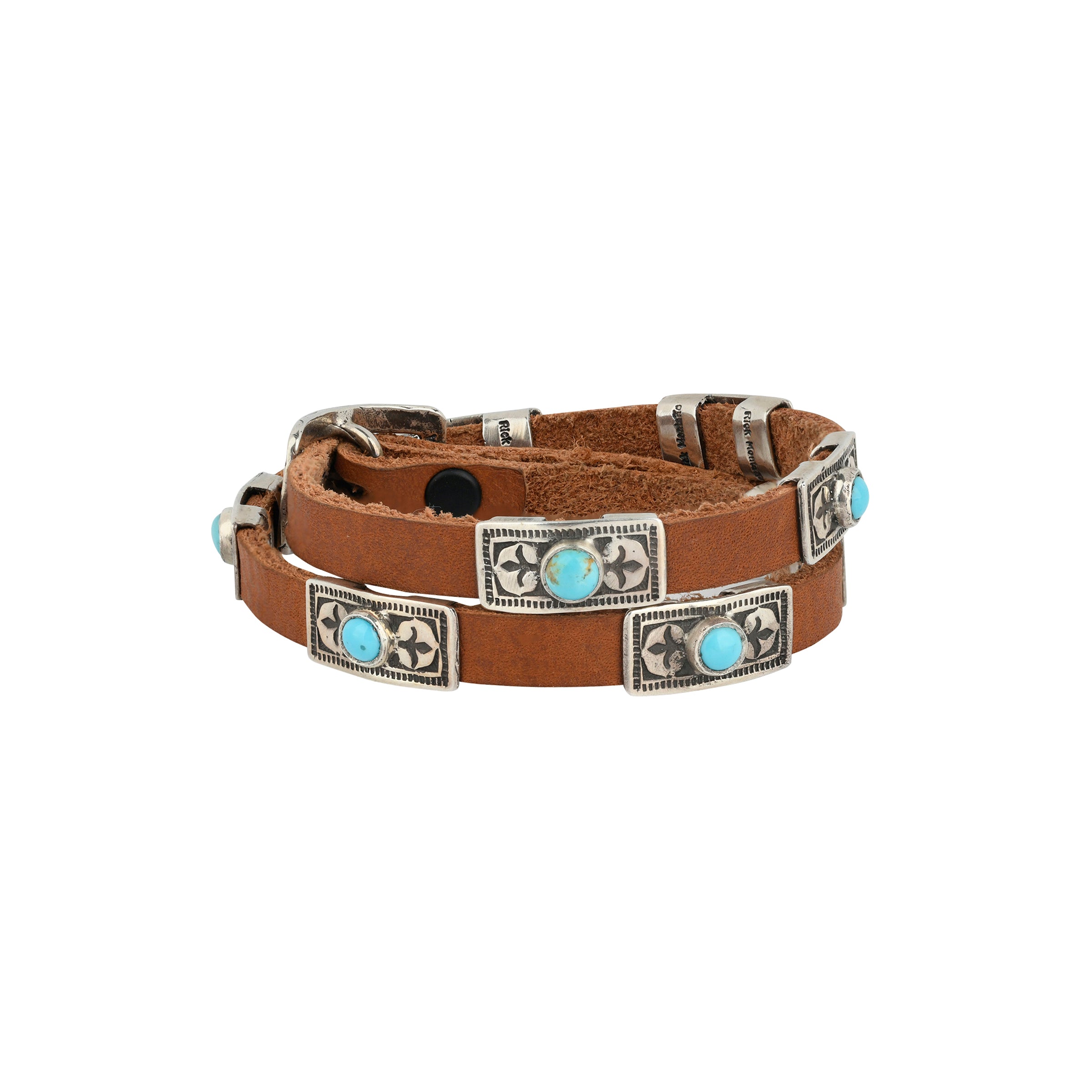 A handmade leather wrap bracelet featuring Southwestern conchos with Blue Turquoise, handmade by Rick Montano