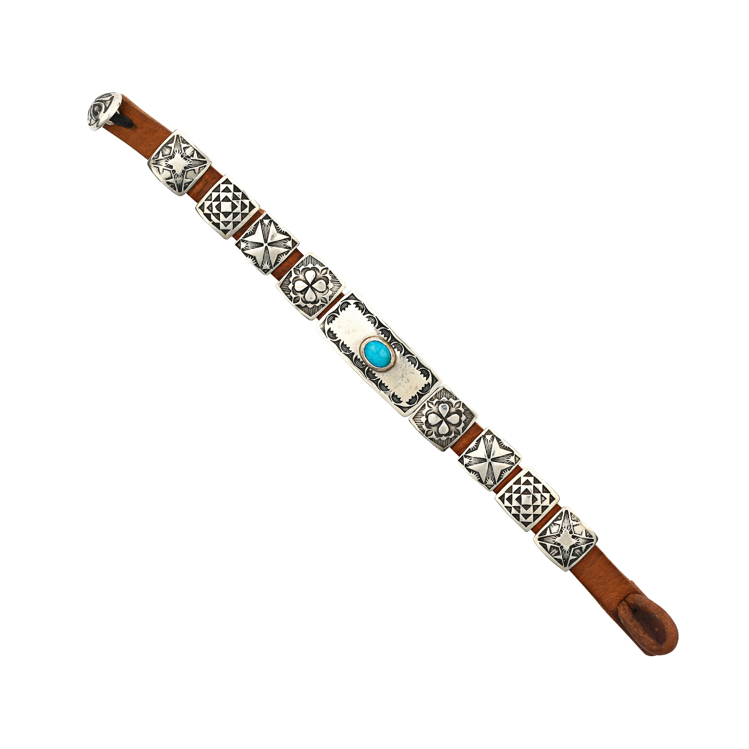 A handmade Southwestern style concho bracelet made with stamped Sterling Silver conchos on brown leather featuring Blue Turquoise
