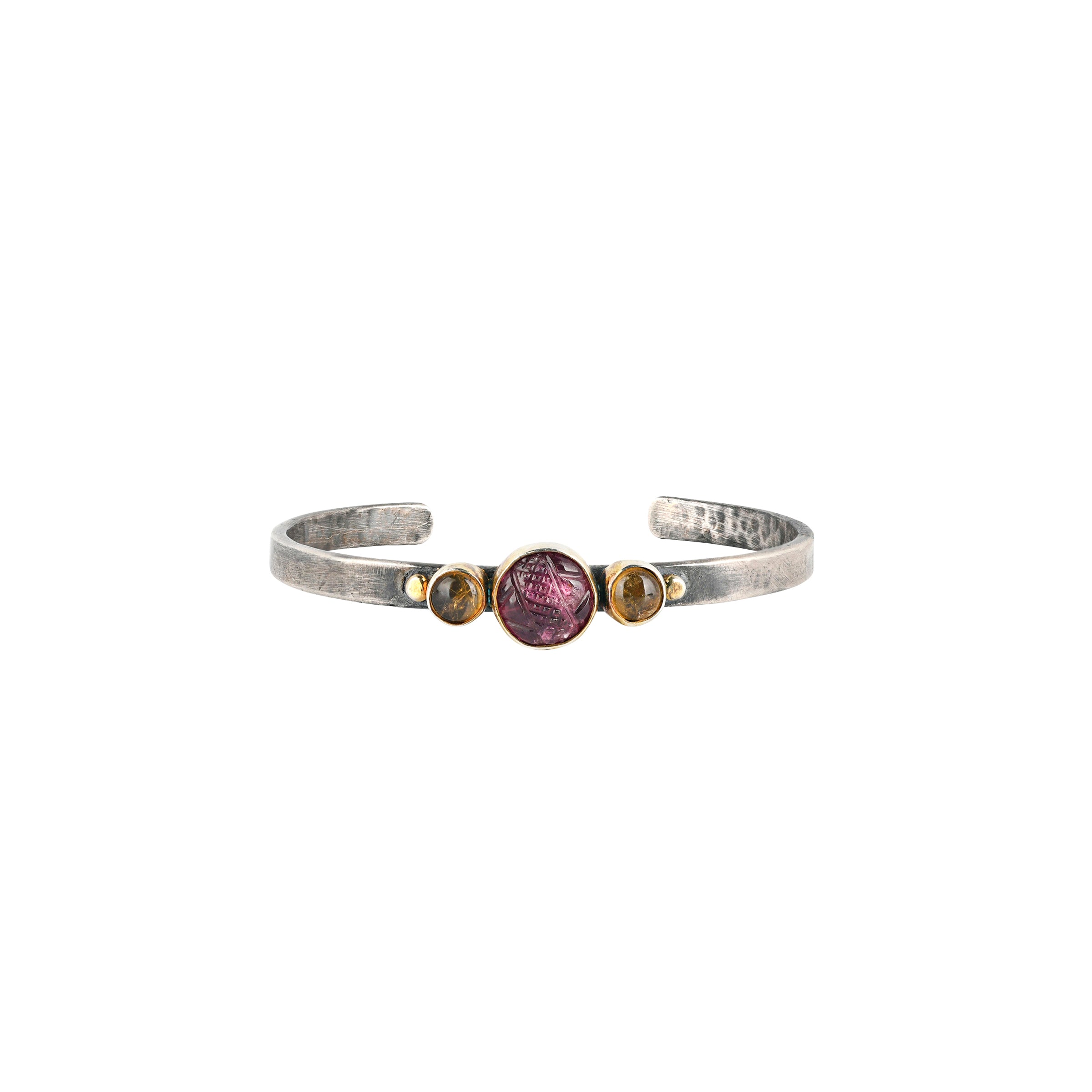 The Lattice Cuff features small carved detail on Pink Tourmaline as the centerpiece accompanied by stunning Yellow Tourmaline set in 14k Gold Plate on a Sterling Silver band