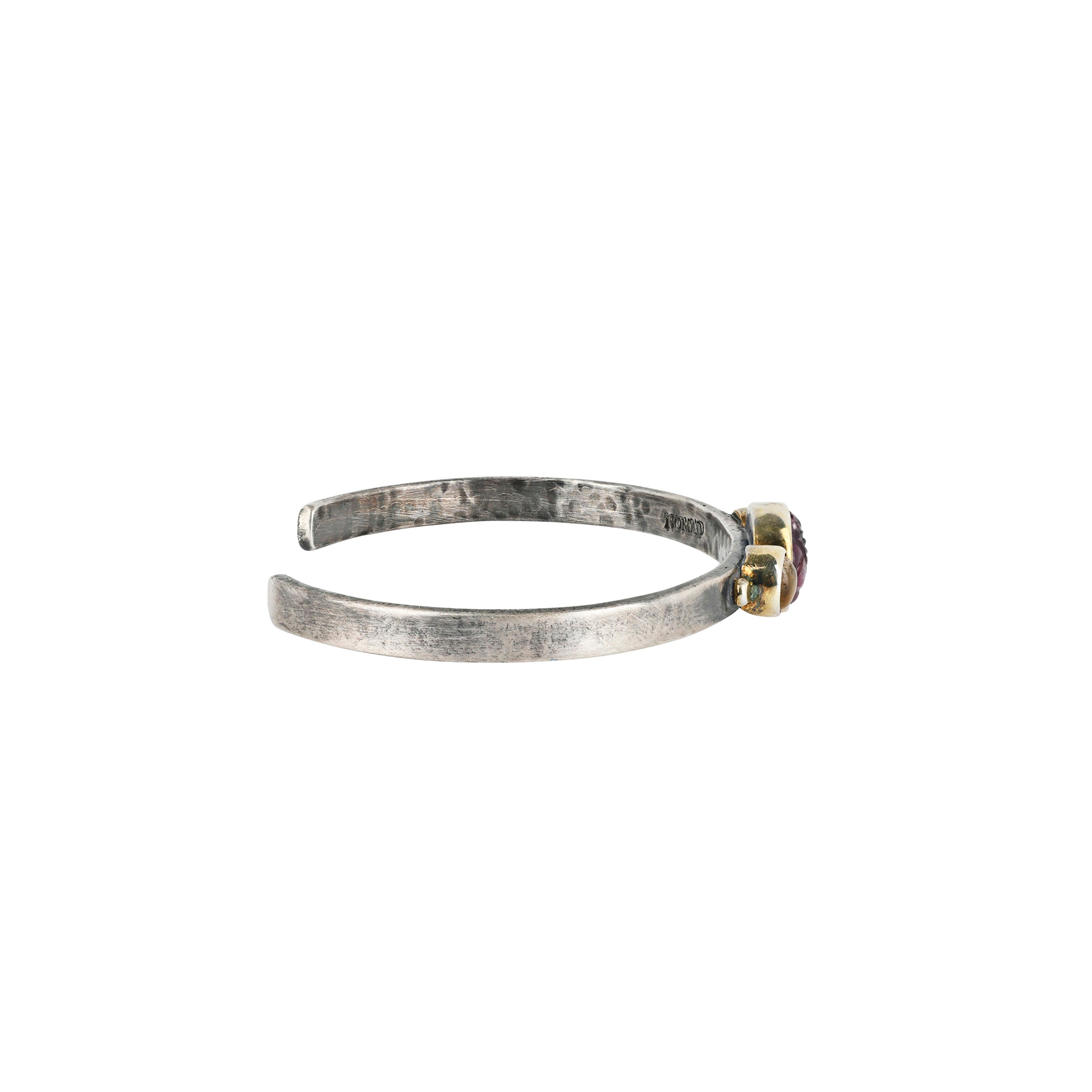 The Lattice Cuff features small carved detail on Pink Tourmaline as the centerpiece accompanied by stunning Yellow Tourmaline set in 14k Gold Plate on a Sterling Silver band