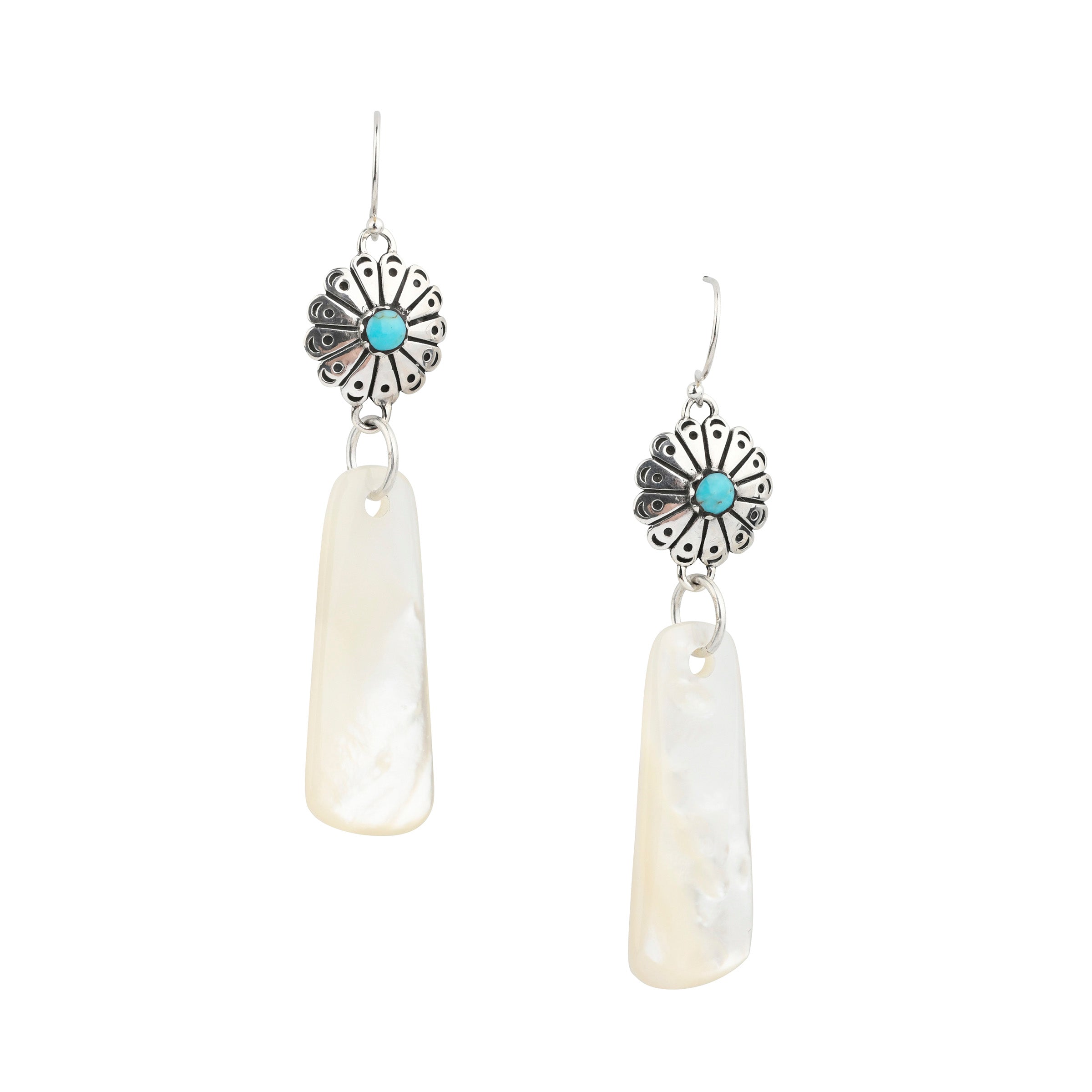 A pair of Peyote Bird Original drop earrings topped with Southwestern concho style beading with Blue Turquoise as the centerpiece, followed by beautiful slabs of Mother of Pearl.