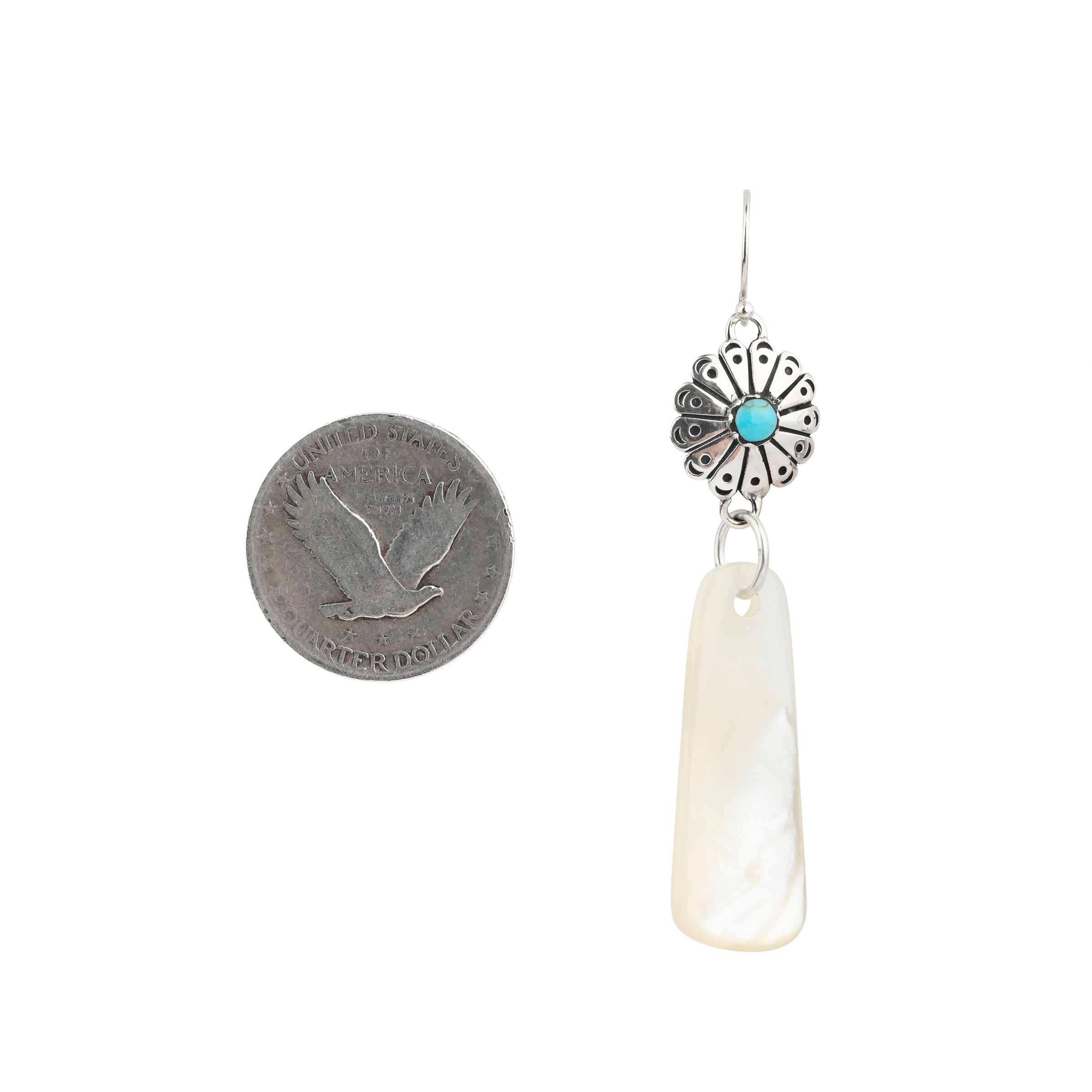 A pair of Peyote Bird Original drop earrings topped with Southwestern concho style beading with Blue Turquoise as the centerpiece, followed by beautiful slabs of Mother of Pearl.