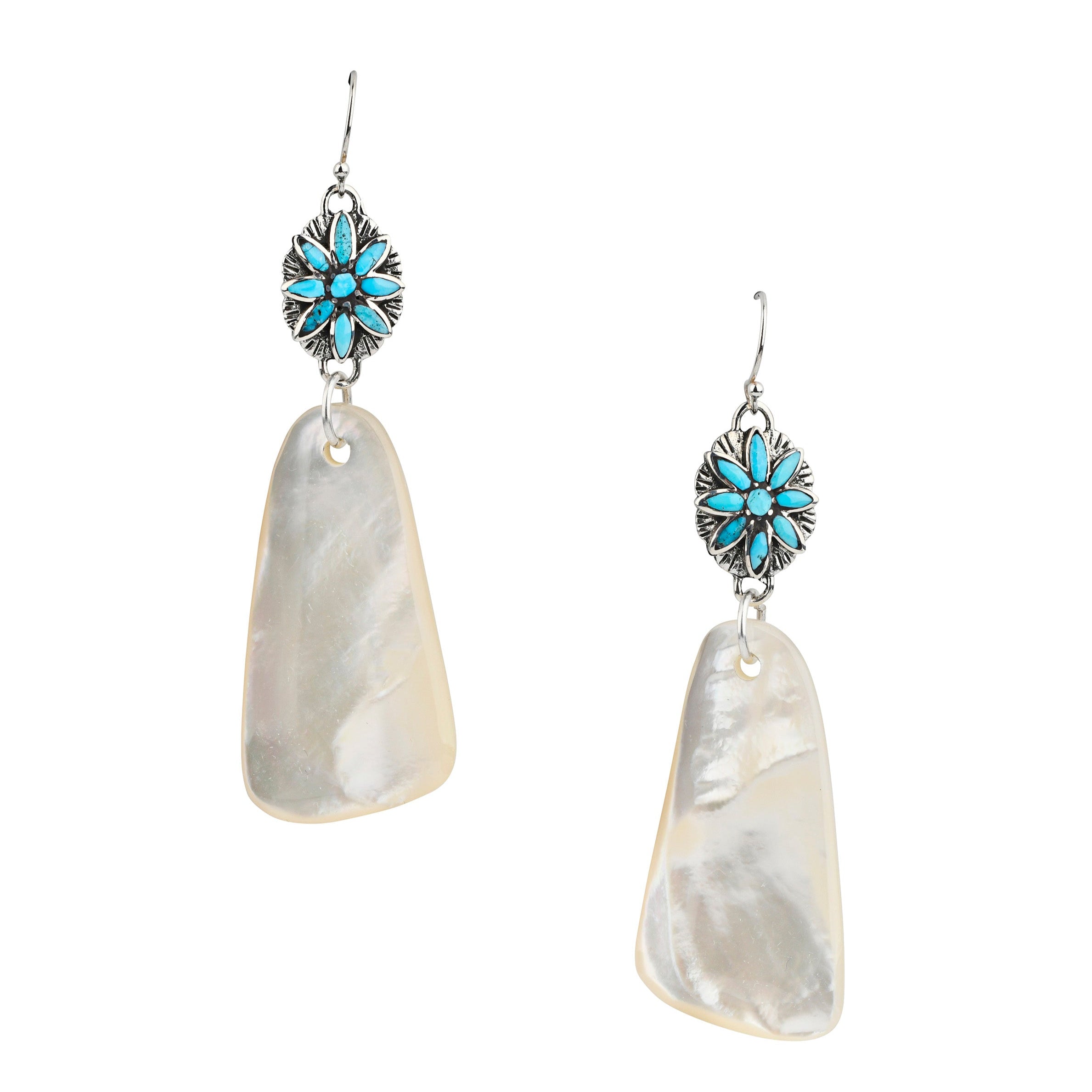 Peyote Bird Original Earrings featuring beautiful slabs of Mother of Pearl topped with Southwestern Blue Turquoise floral concho-like beading 