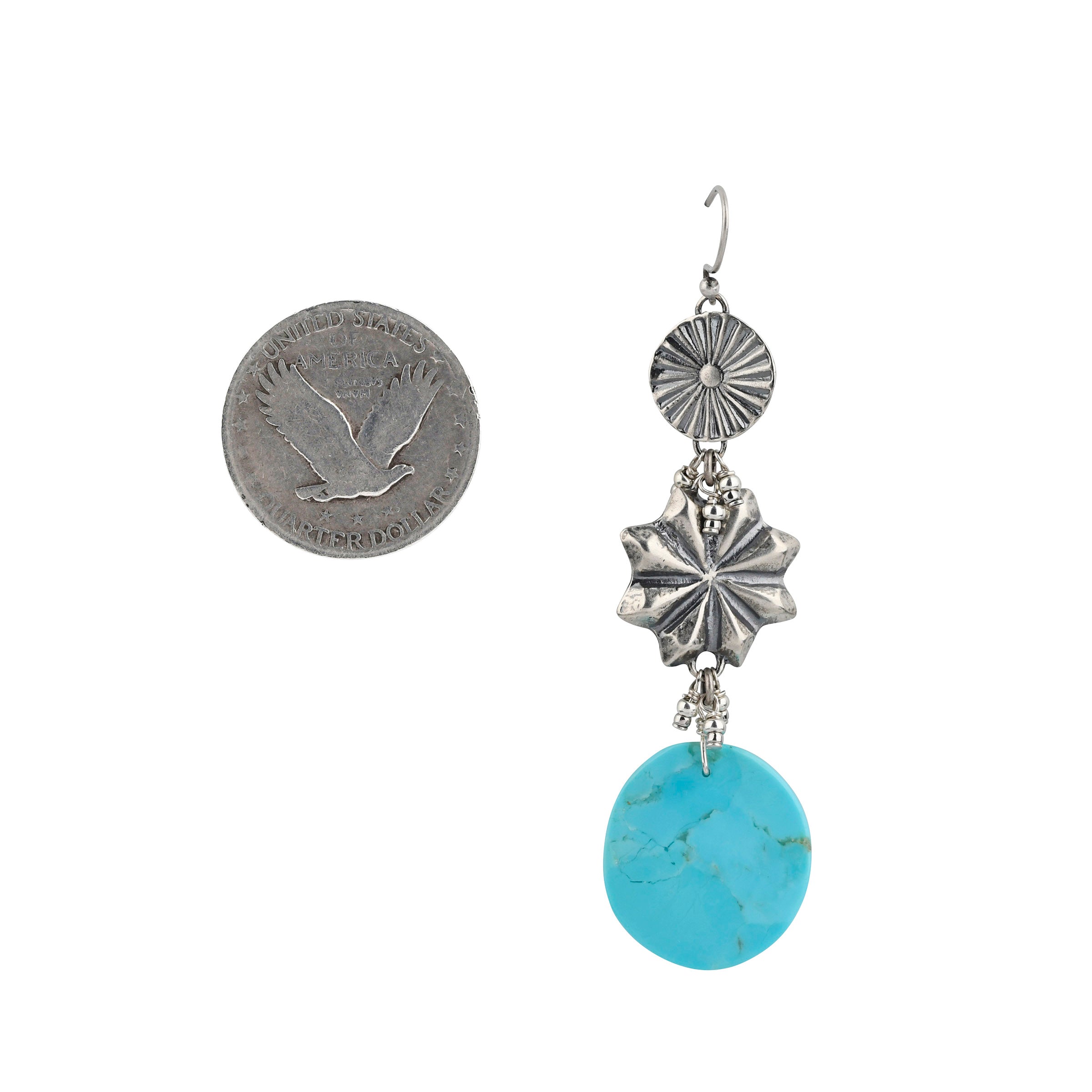 A Peyote Bird Original pair of Western Wedding earrings with a Southwestern Sunburst on top, followed by a Star Concho, finished off with a circular slab of Blue Turquoise. Tiny Seed Bead charms adorn the spaces between each tier. 