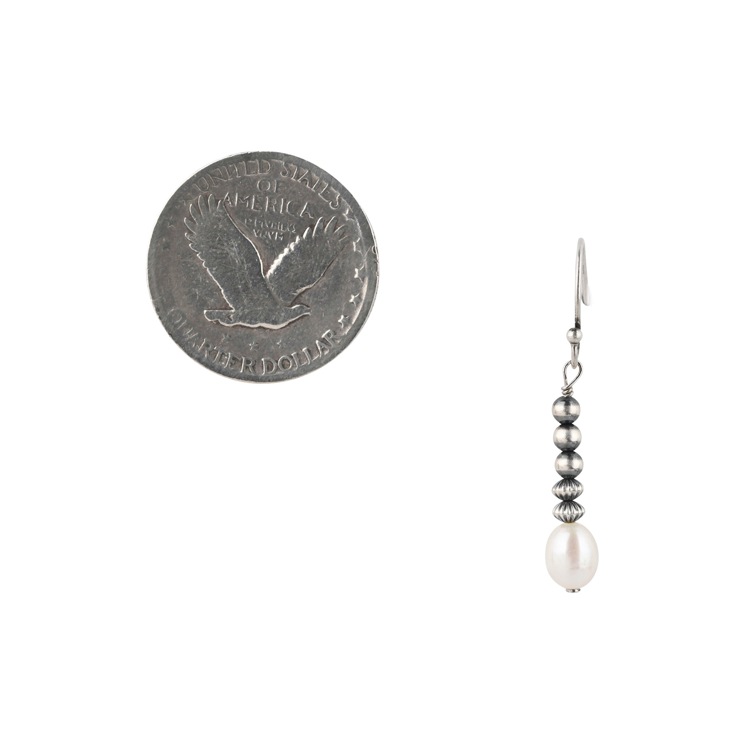 A Peyote Bird Original pair of earrings adorned with classic Desert Pearls, Corrugated Desert Pearl Saucers, and White Pearl. 