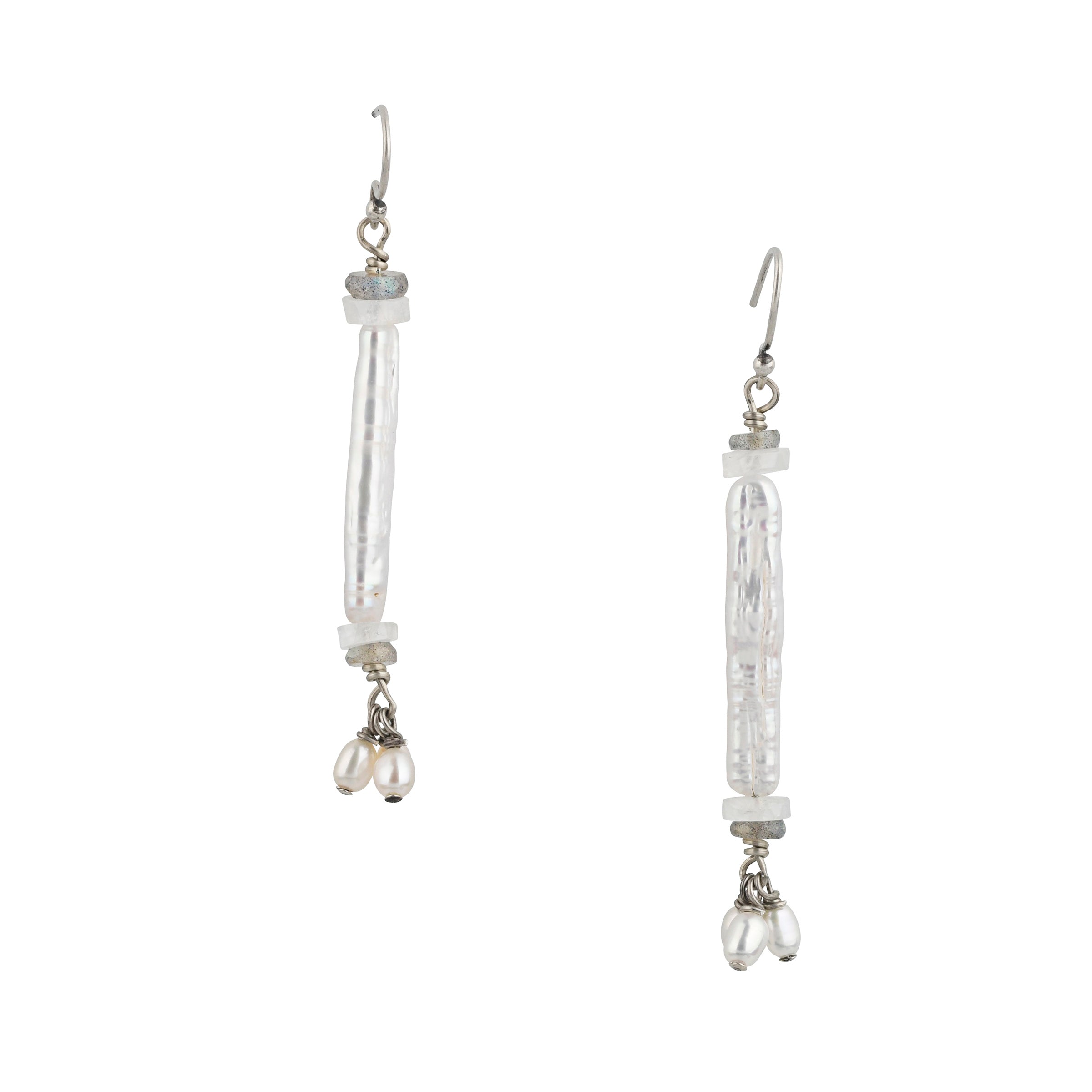 Peyote Bird Original Earrings with Freshwater Pearl long beading accompanied with Moonstone and Labradorite finished with Freshwater Pearl dangles.