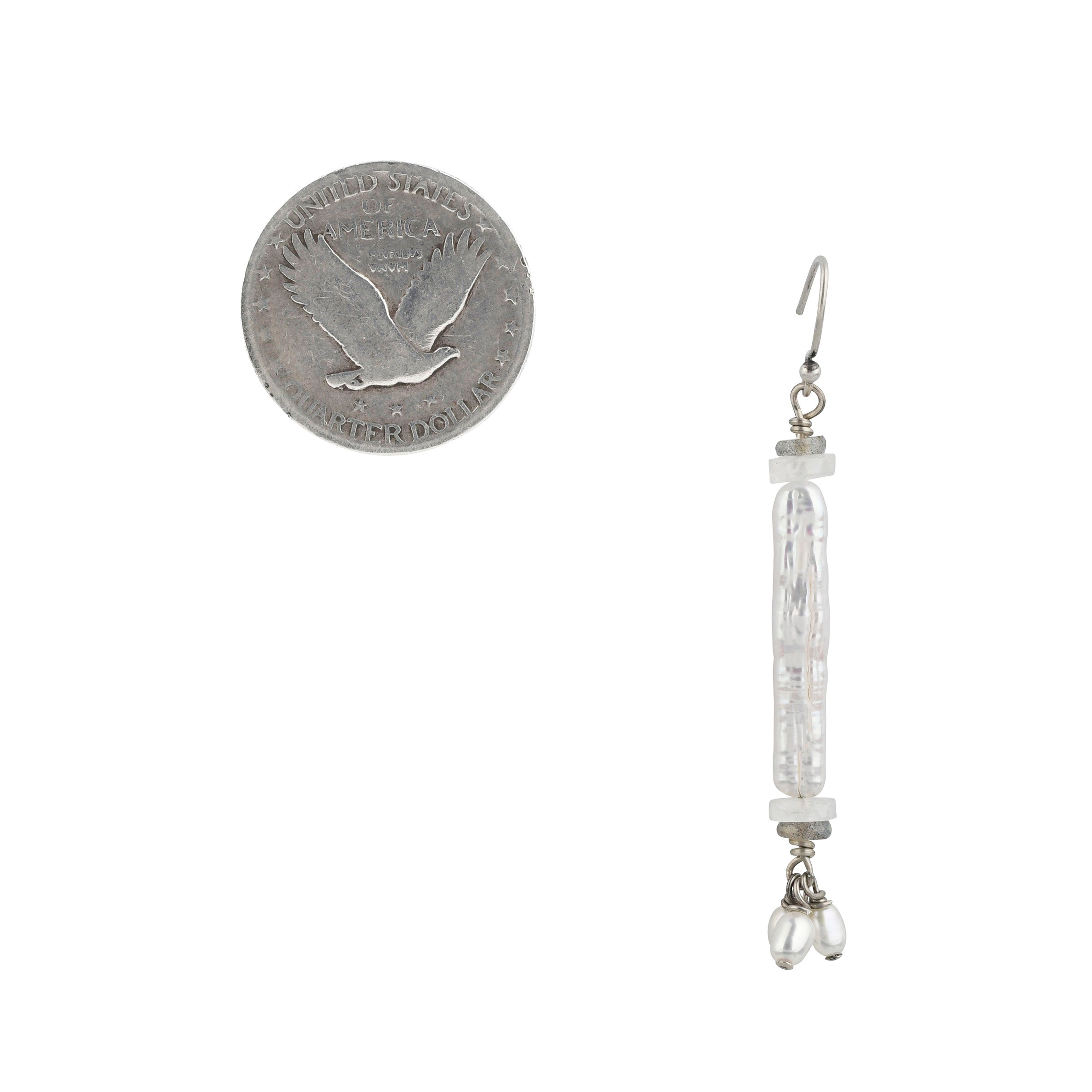 Peyote Bird Original Earrings with Freshwater Pearl long beading accompanied with Moonstone and Labradorite finished with Freshwater Pearl dangles.
