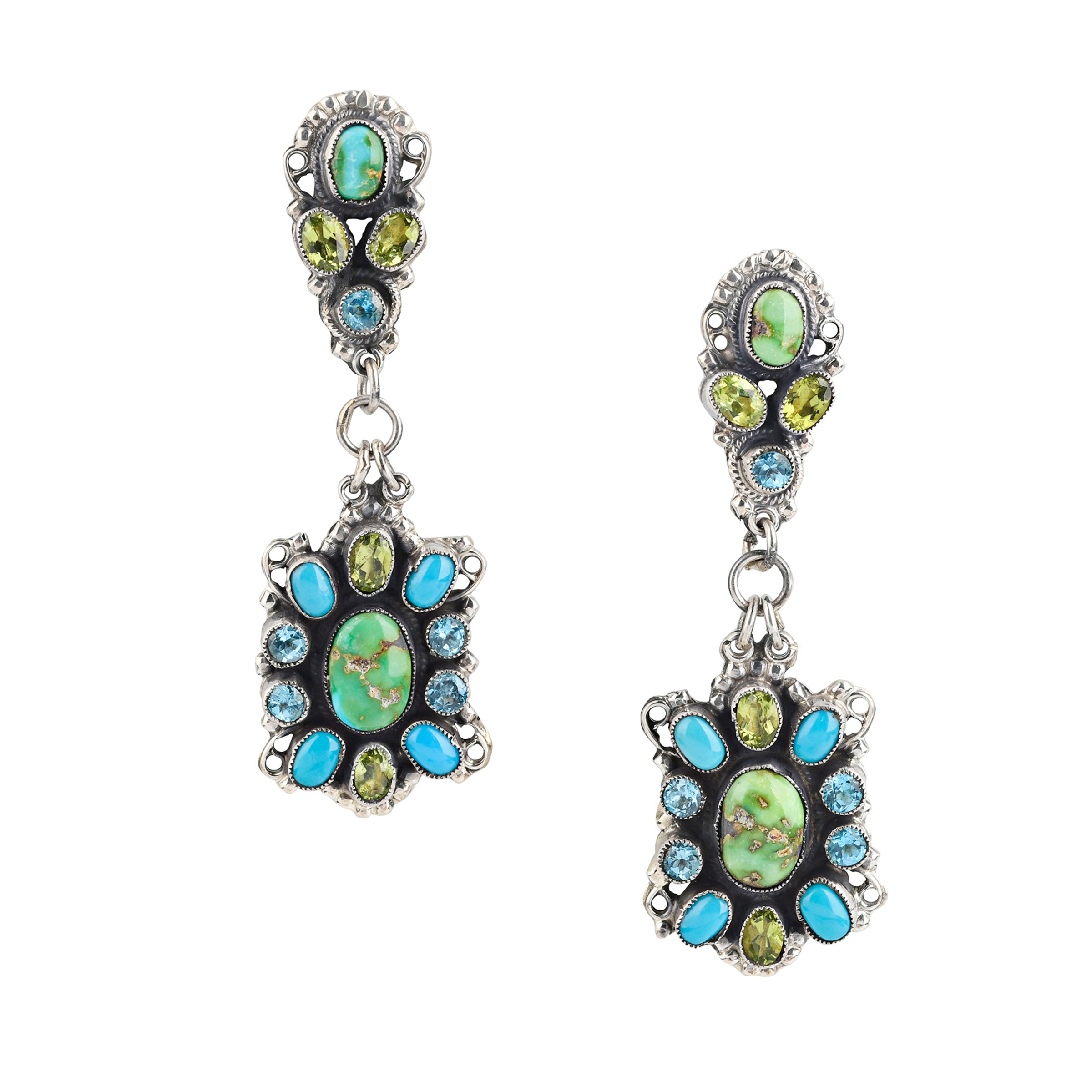 Handcrafted Sterling Silver drop earrings featuring Green Turquoise, Blue Turquoise, Peridot, and Blue Topaz finished with filigree detailing.