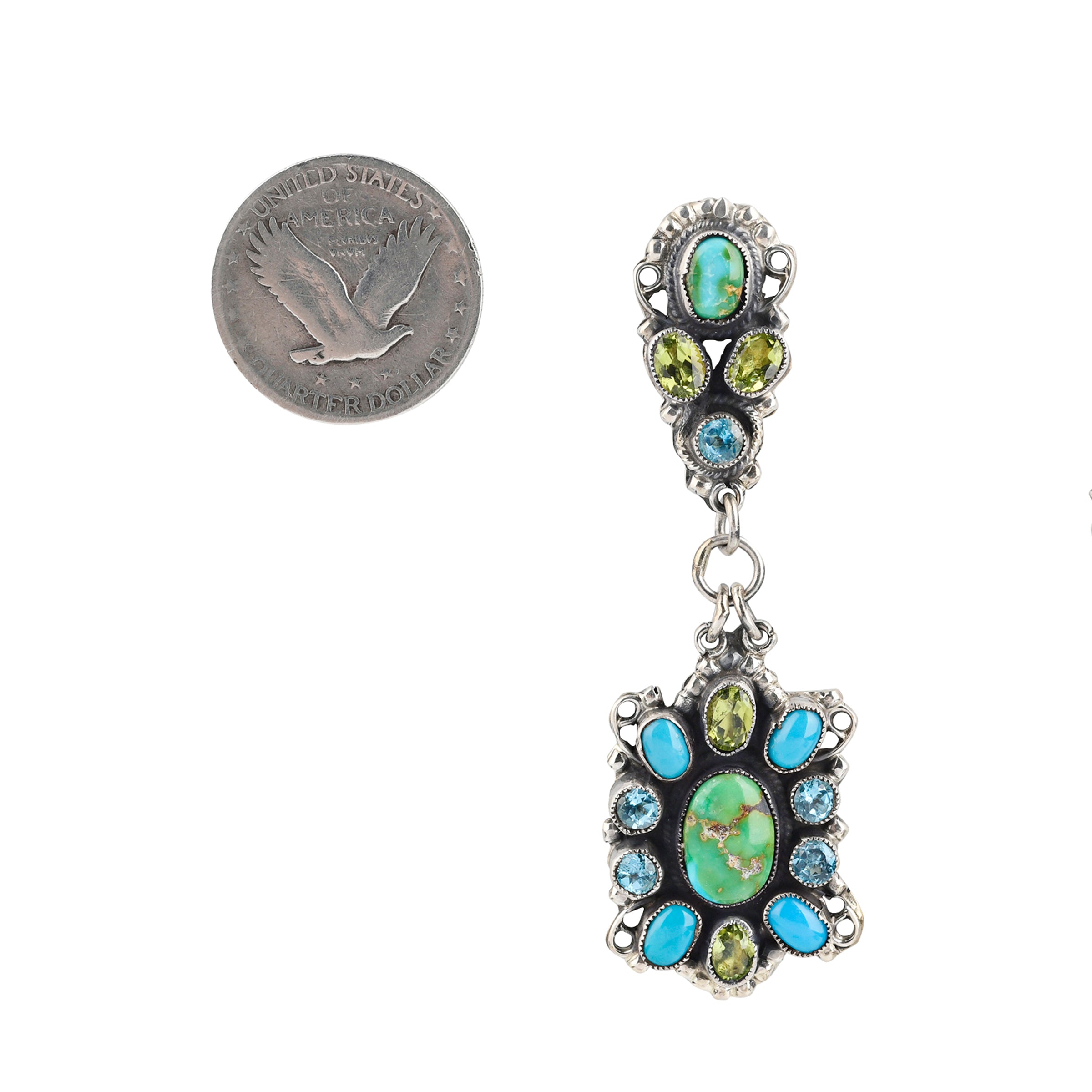 Handcrafted Sterling Silver drop earrings featuring Green Turquoise, Blue Turquoise, Peridot, and Blue Topaz finished with filigree detailing.