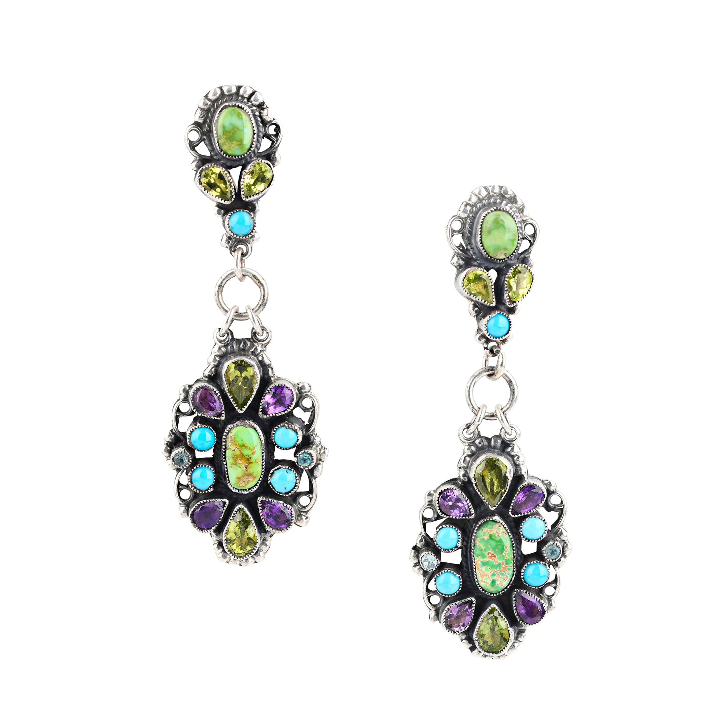 Stunning Sterling Silver drop earrings with inlayed Green Turquoise, Blue Turquoise, Peridot and Amethyst finished with filigree detailing.