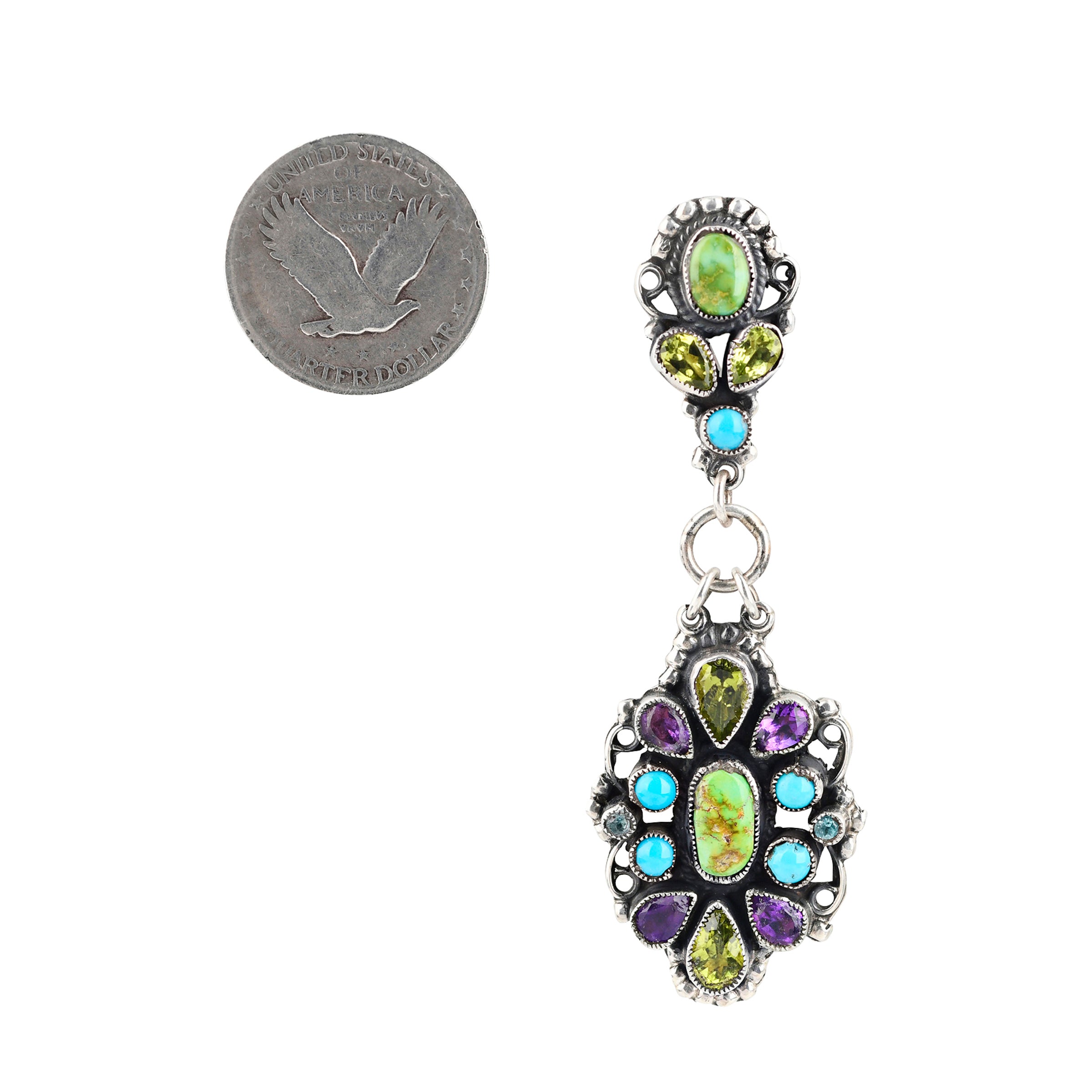 Stunning Sterling Silver drop earrings with inlayed Green Turquoise, Blue Turquoise, Peridot and Amethyst finished with filigree detailing.
