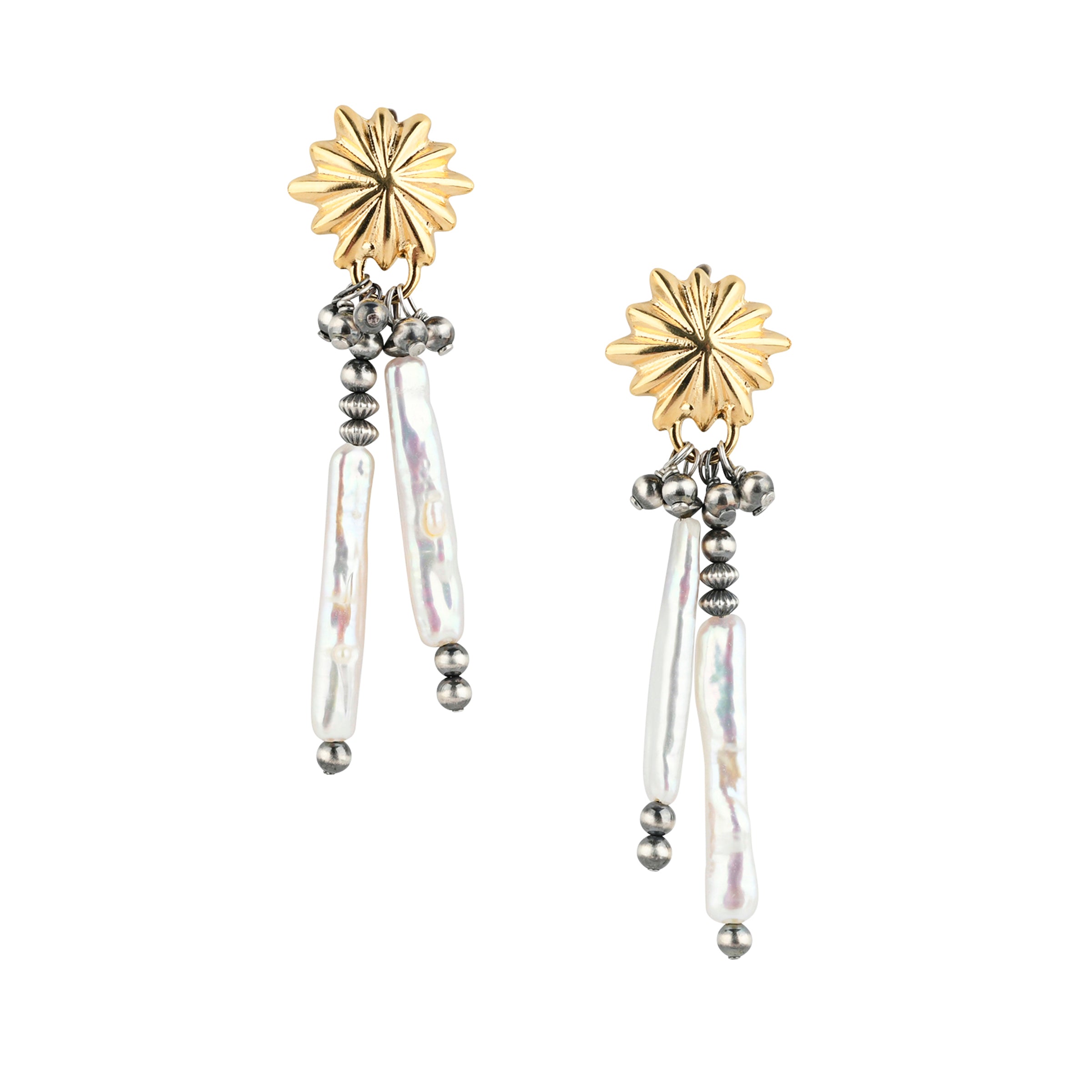 Our Dusk and Dawn Earrings are a unique compilation of Desert Pearls, Freshwater Pearl, and 14k Gold Plated Concho pieces.