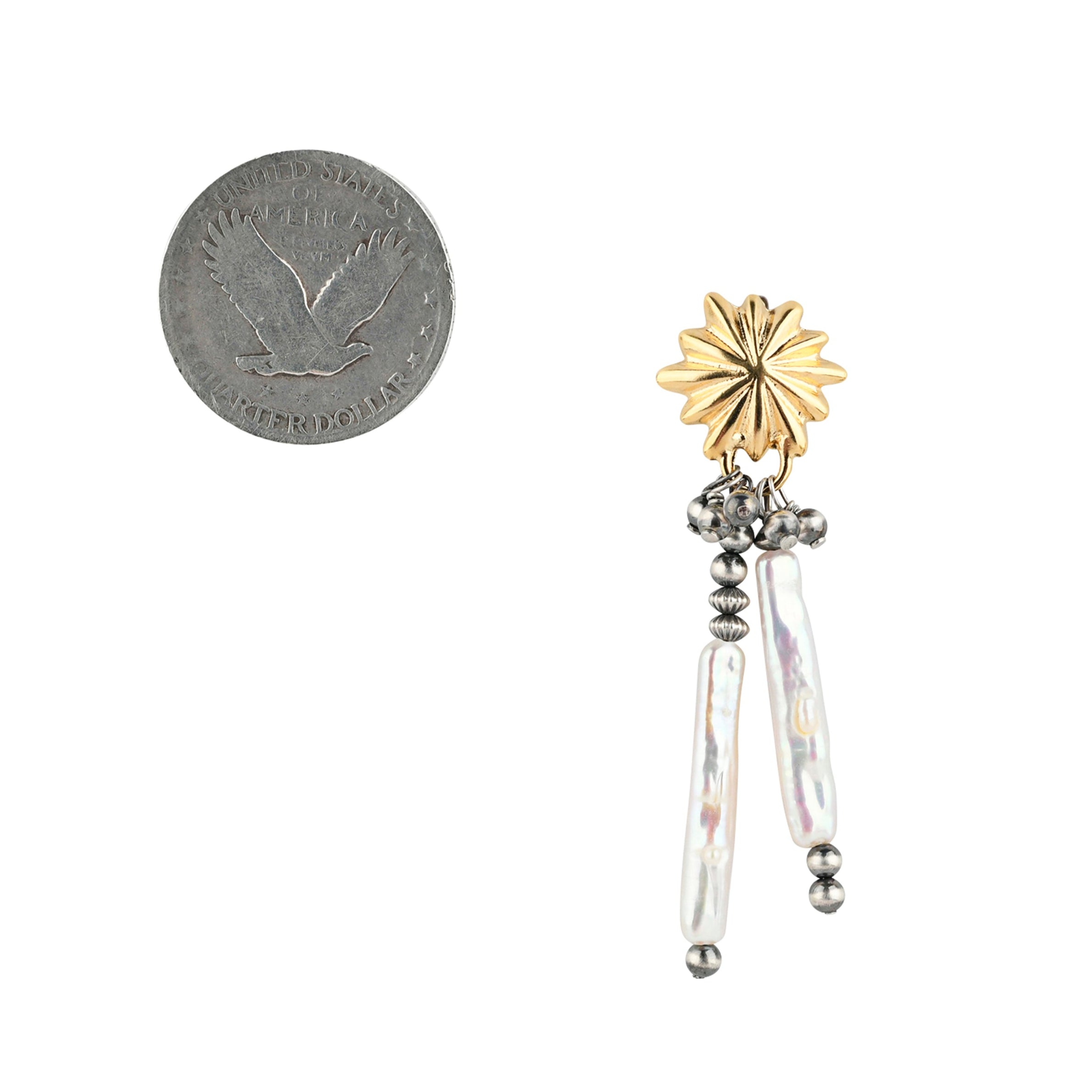 our Dusk &amp; Dawn Earrings are a unique compilation of Desert Pearls, Freshwater Pearl, and 14k Gold Plated Concho pieces.