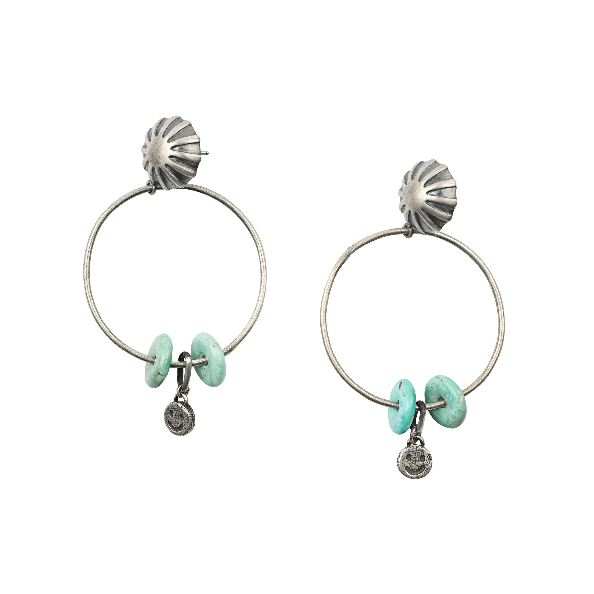A pair of Sterling Silver, vintage inspired hoop earrings featuring charms of Sterling Silver smiley faces and Turquoise beading on concho posts