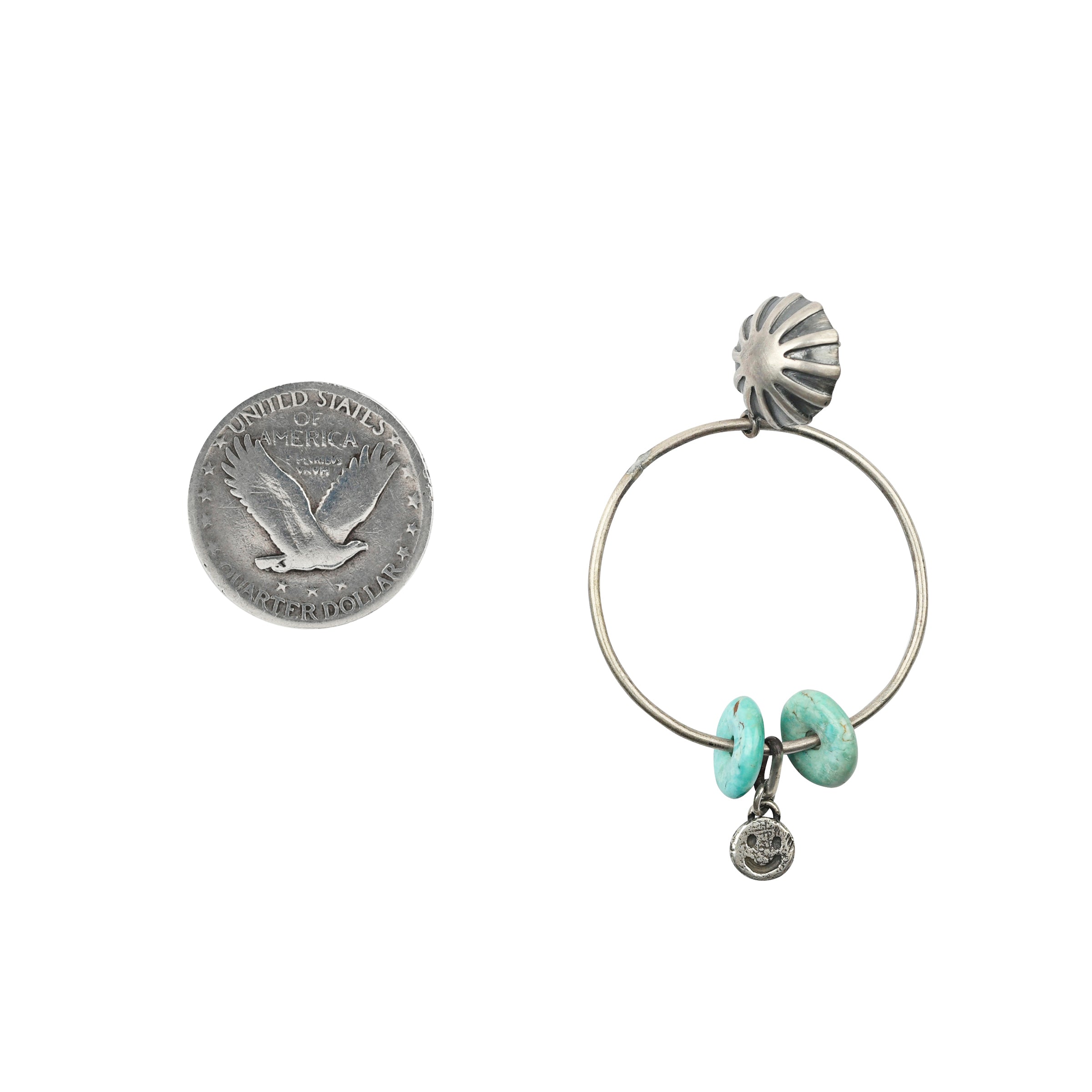A pair of Sterling Silver, vintage inspired hoop earrings featuring charms of Sterling Silver smiley faces and Turquoise beading on concho posts