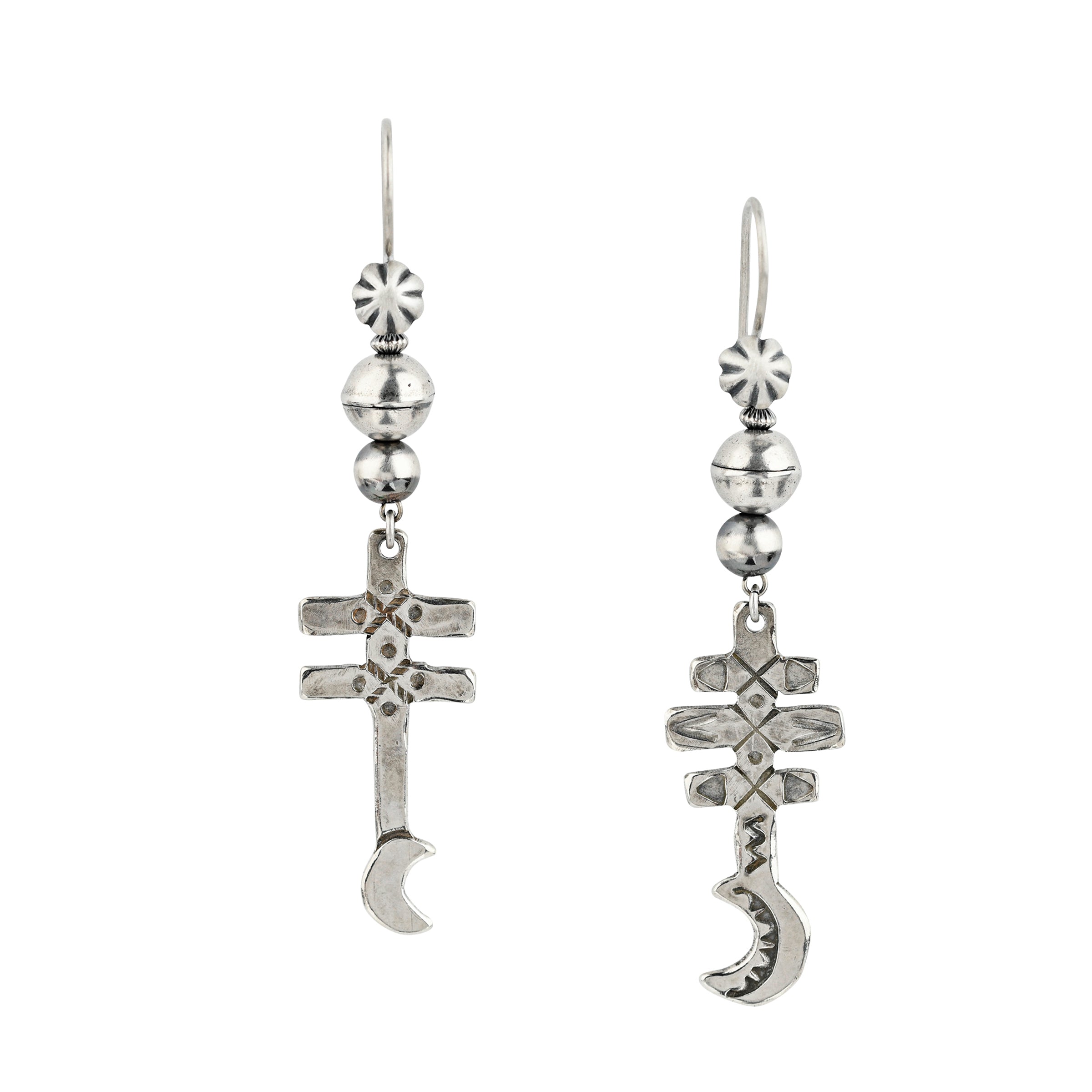 Stamped Sterling Silver, dangle drop earrings of cross and moon motif charms by Joe Eby strung with Desert Pearls and vintage inspired beading.