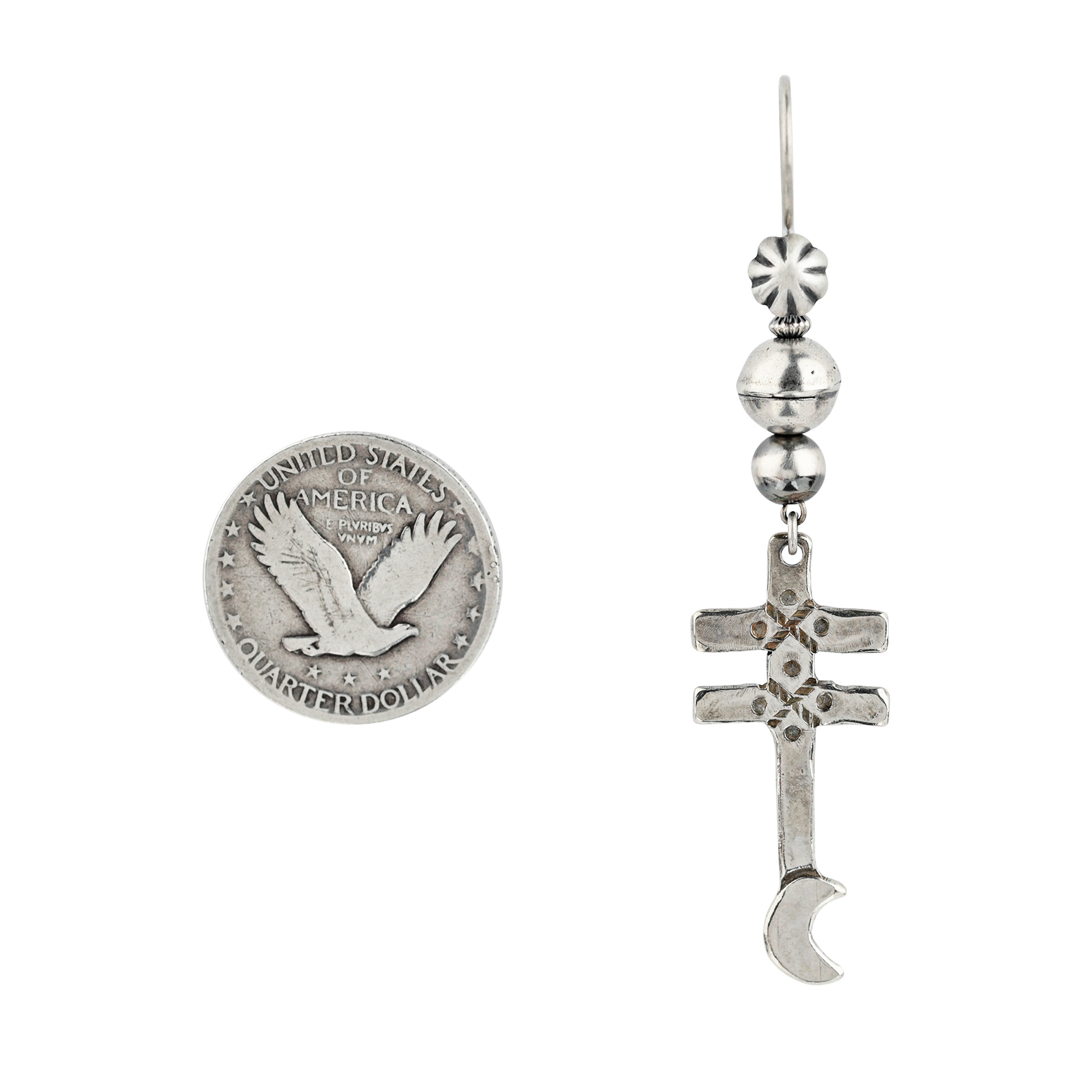 Stamped Sterling Silver, dangle drop earrings of cross and moon motif charms by Joe Eby strung with Desert Pearls and vintage inspired beading.