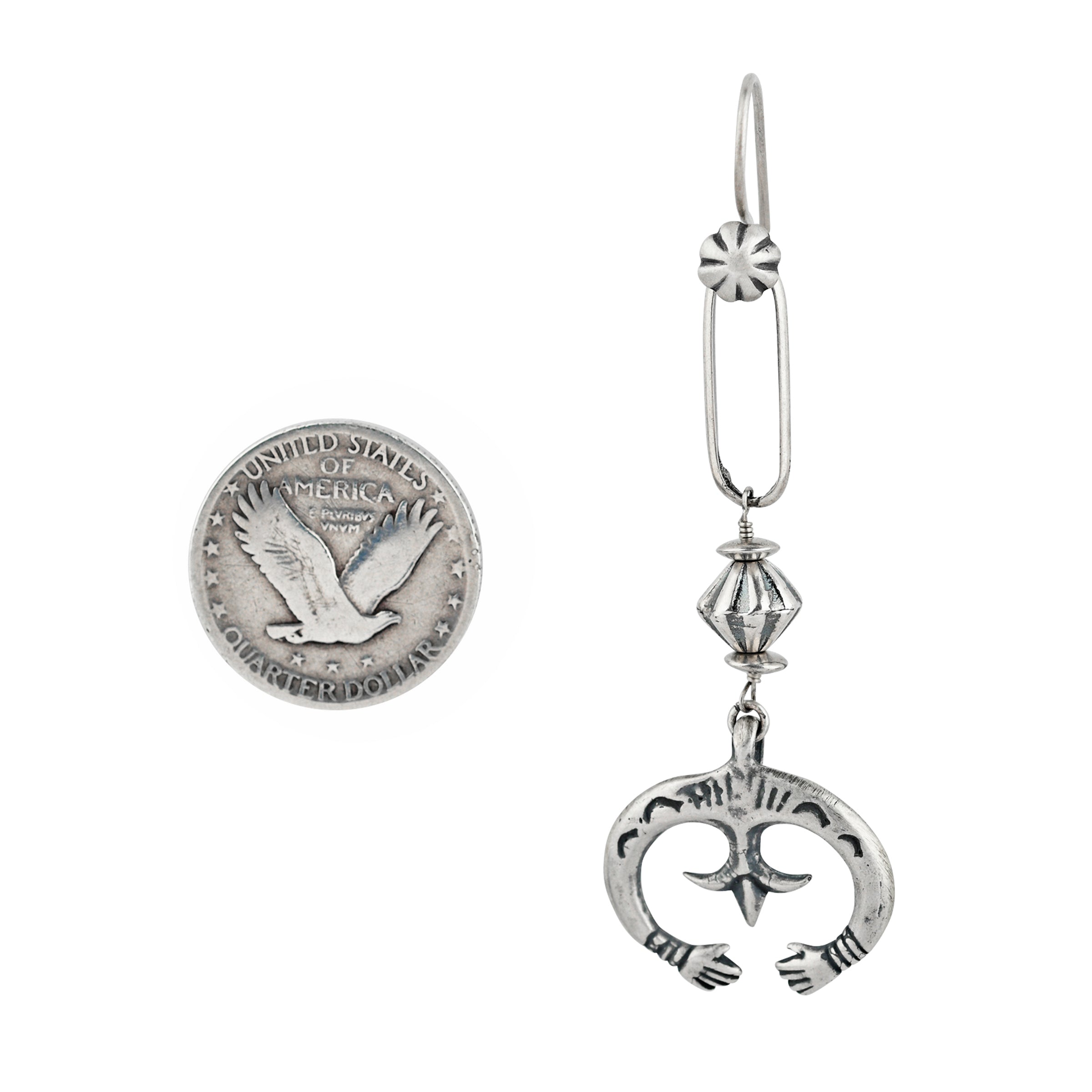 Dangle, drop earrings featuring charms of hands reaching around a fleur-cross and topped with corrugated beading and chain loops on a concho studded earwire.