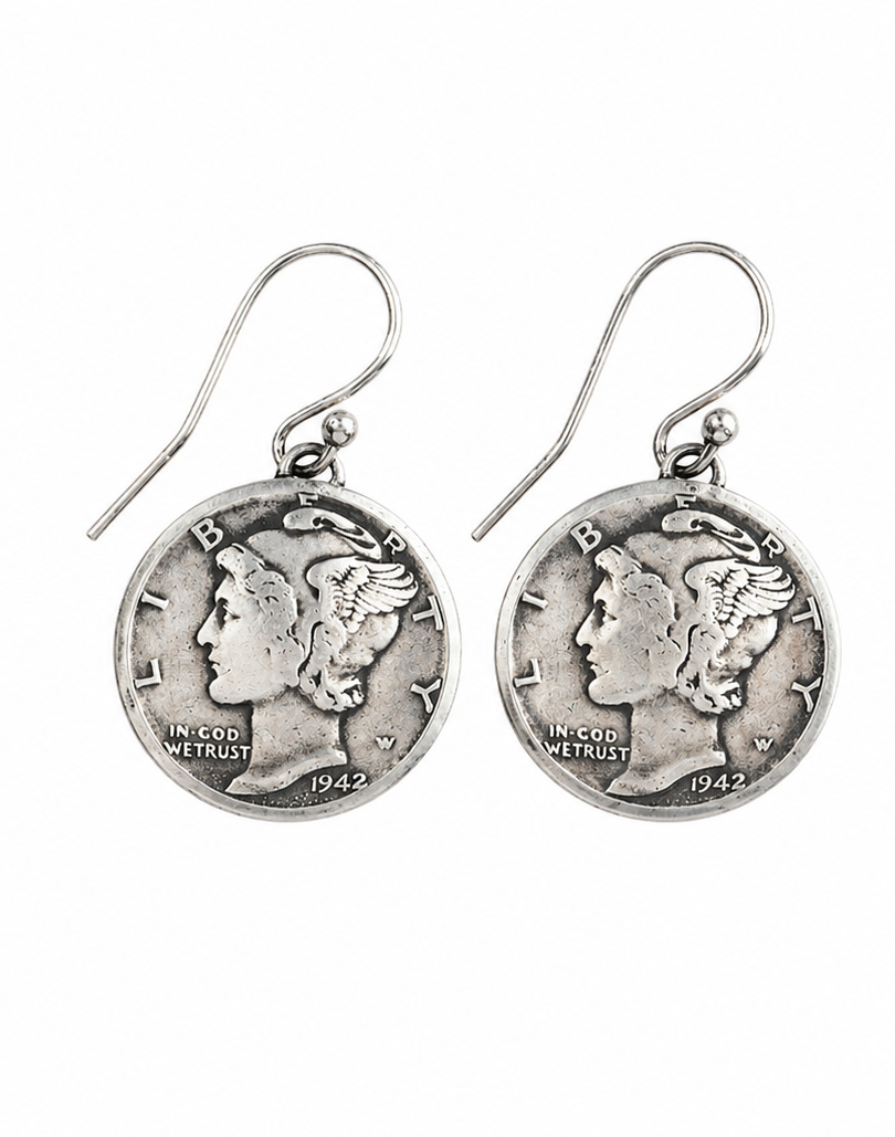 A pair of Sterling Silver Mercury Dime coin domed dangle earrings. 