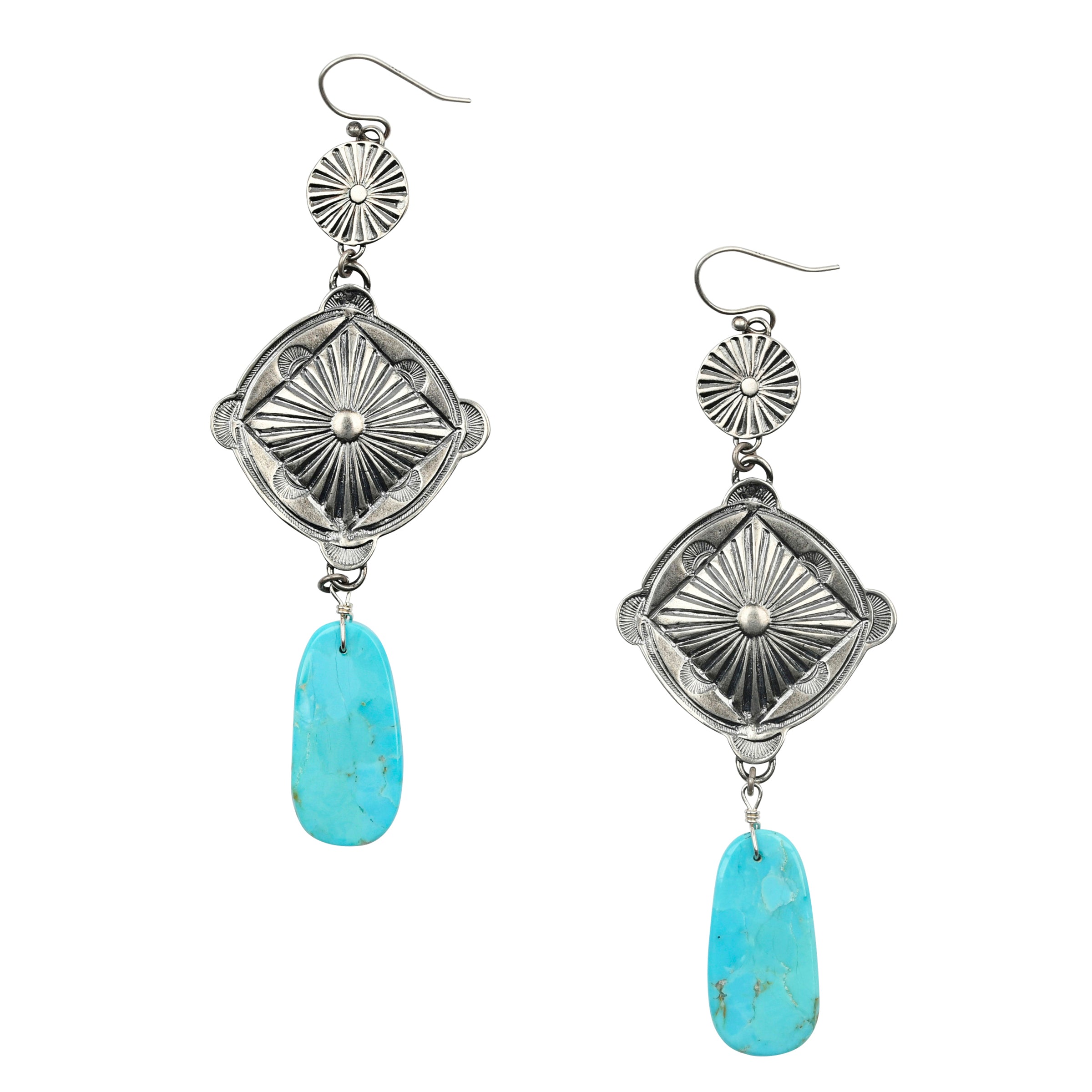 Sterling Silver statement earrings made with diamond shaped conchos, a circular sunburst smaller concho, and large slabs of Blue Turquoise