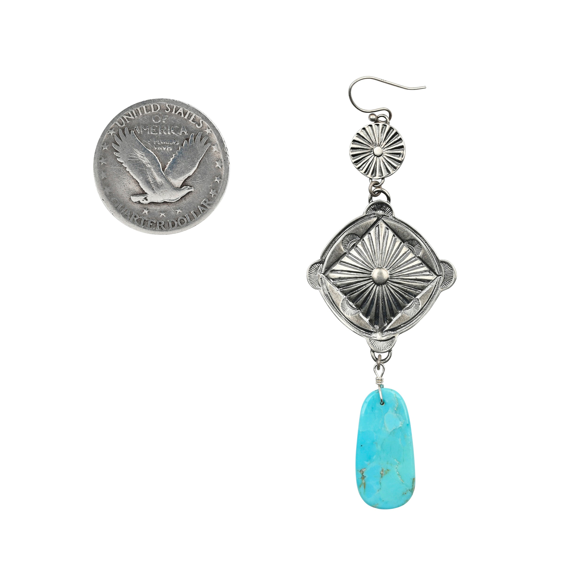 Sterling Silver statement earrings made with diamond shaped conchos, a circular sunburst smaller concho, and large slabs of Blue Turquoise
