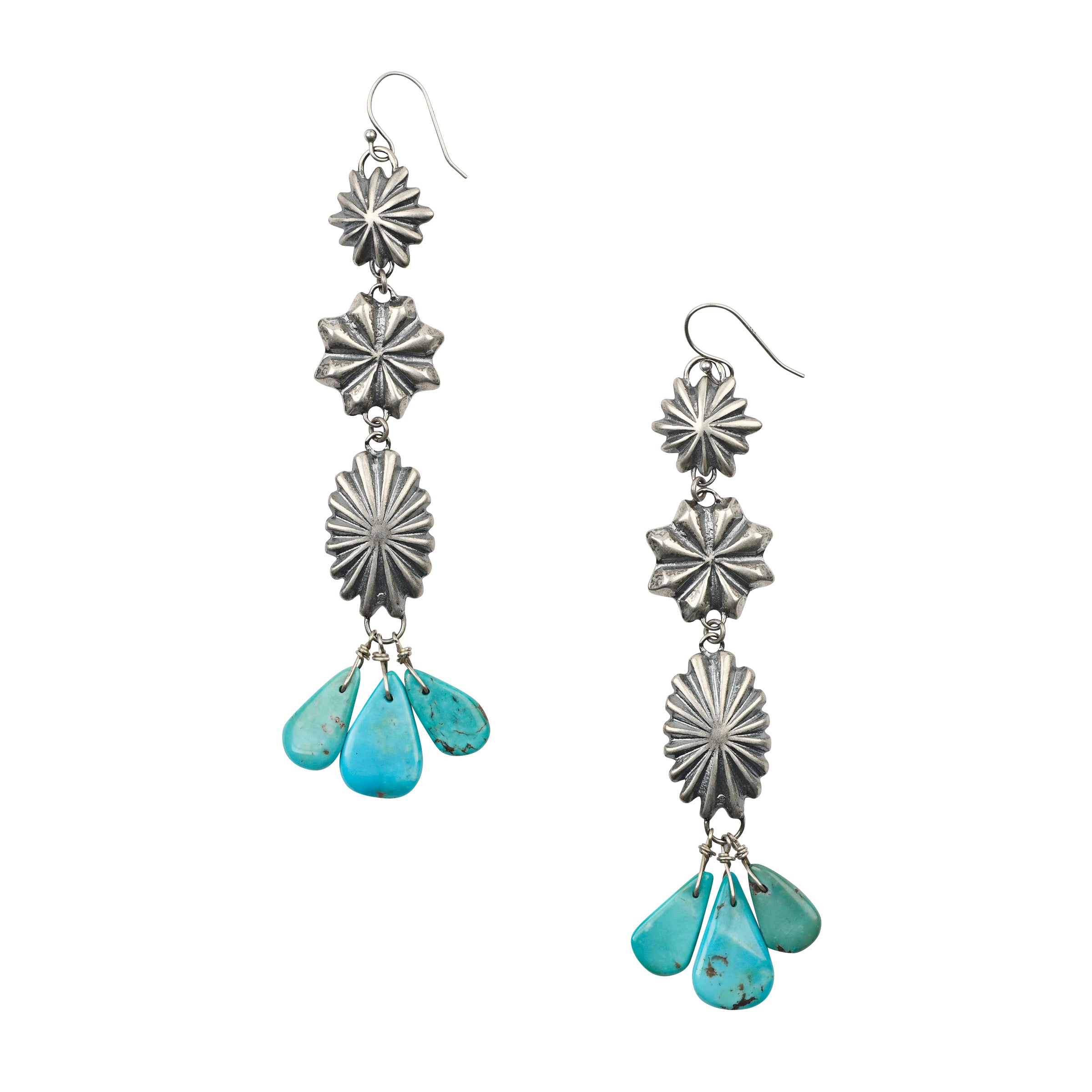 Sterling Silver statement earrings made with starburst style conchos inspired by vintage, Southwestern style conchos and features tabs of Blue Turquoise.
