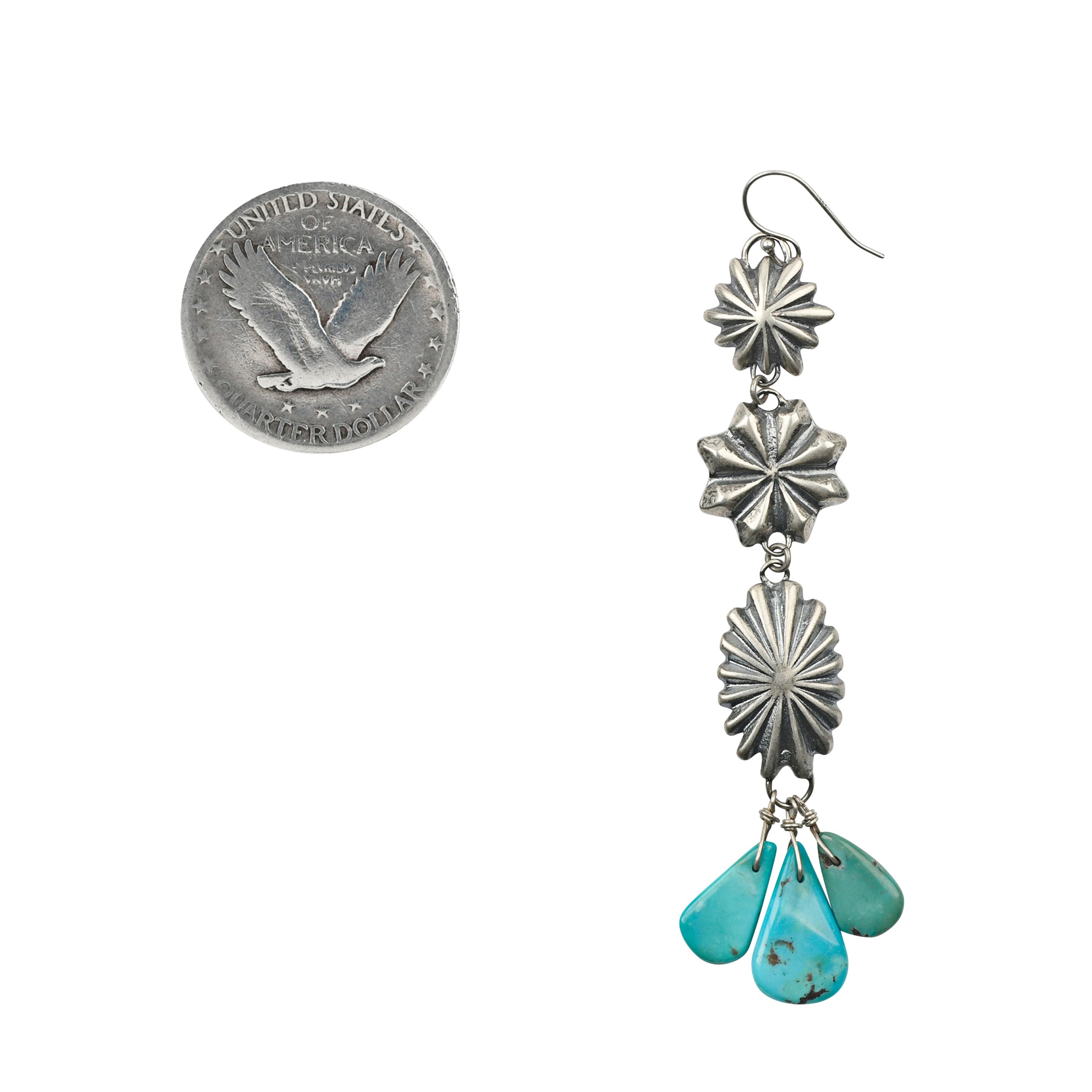 Sterling Silver statement earrings made with starburst style conchos inspired by vintage, Southwestern style conchos and features tabs of Blue Turquoise.