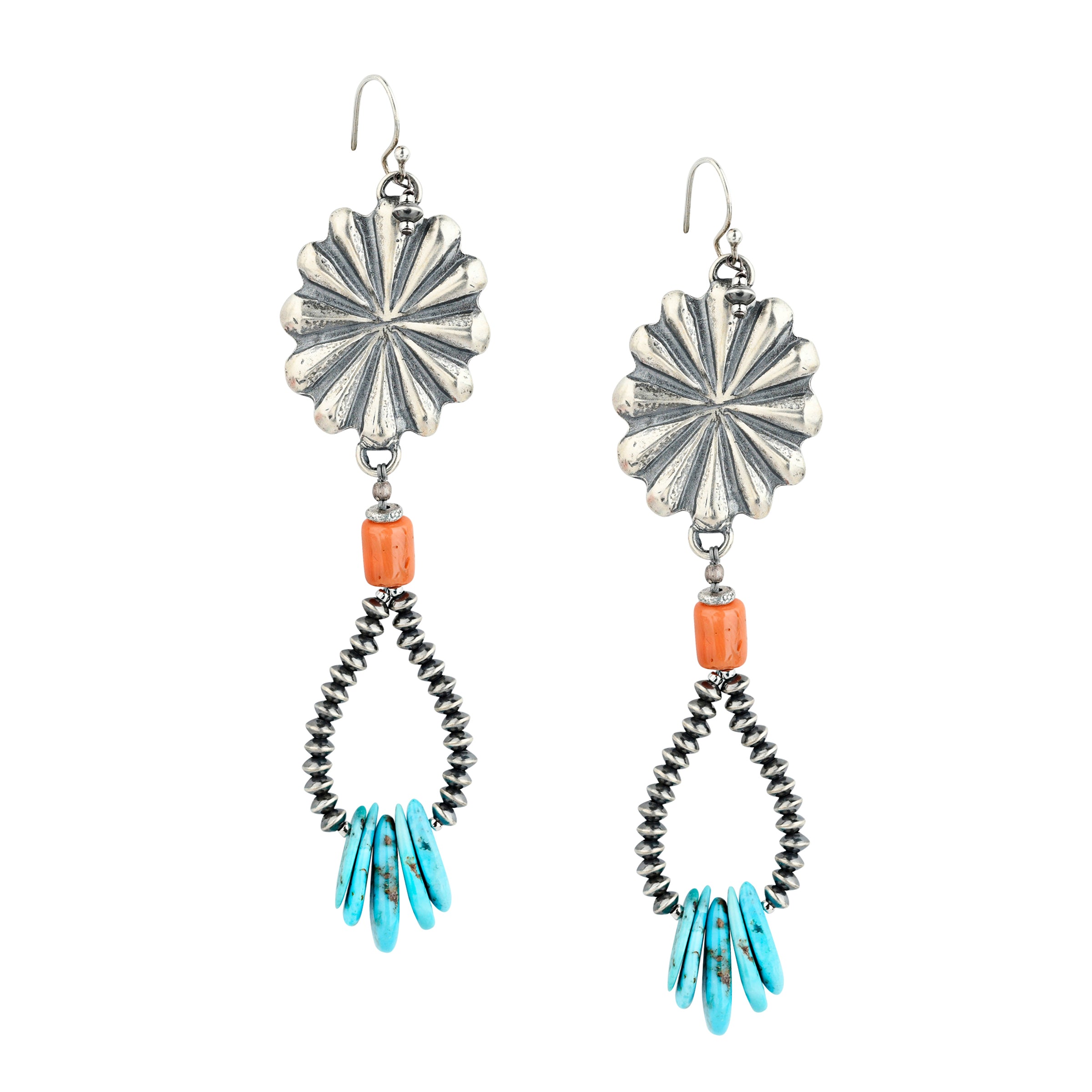 Beaded Sterling Silver Earrings strung with Southwestern style conchos, Orange Coral, Desert Pearl Saucers, and brilliant tabs of Blue Turquoise.