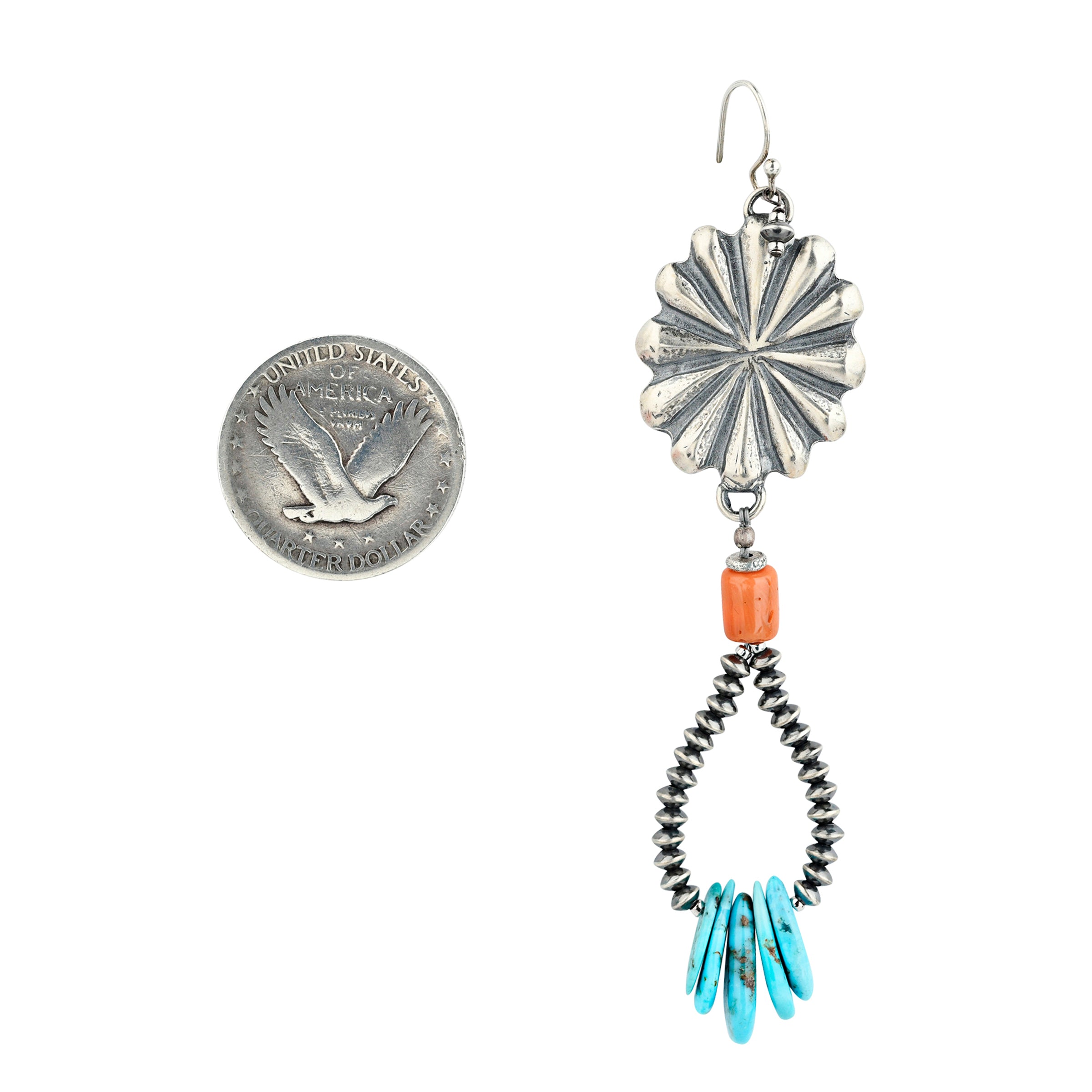 Beaded Sterling Silver Earrings strung with Southwestern style conchos, Orange Coral, Desert Pearl Saucers, and brilliant tabs of Blue Turquoise.
