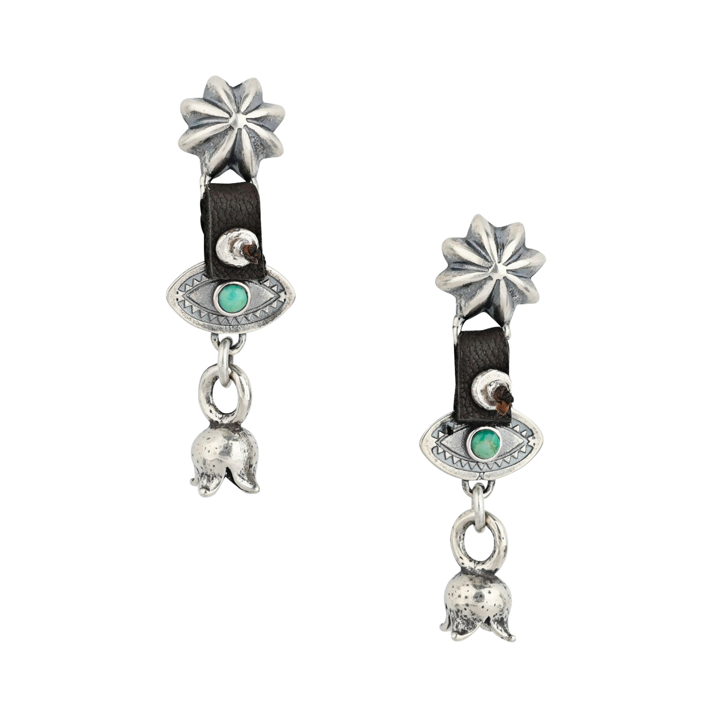 Beaded earrings featuring Sterling Silver, Southwestern style concho studs, Evil Eye's with Turquoise in the middle, and mini blossom charms: all strung on leather.