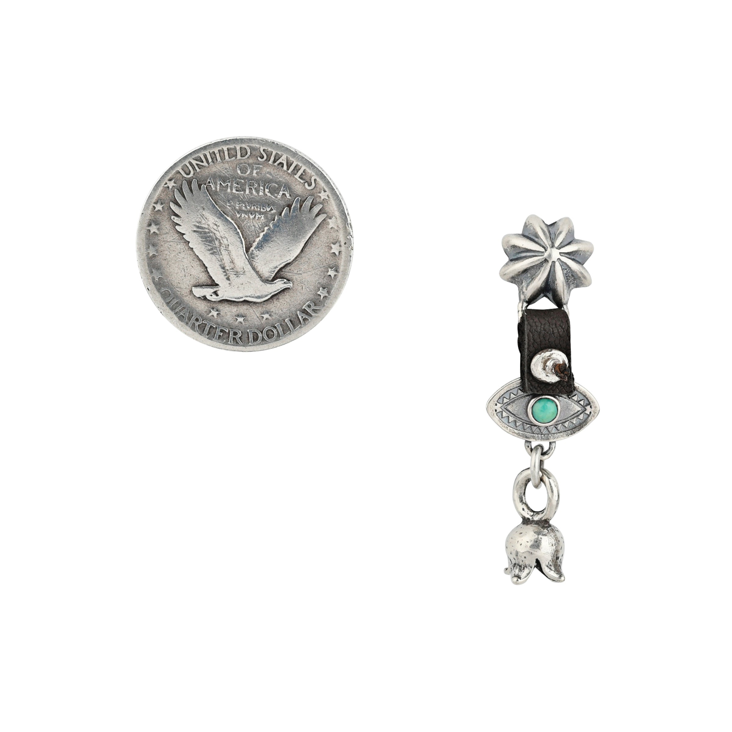 Beaded earrings featuring Sterling Silver, Southwestern style concho studs, Evil Eye's with Turquoise in the middle, and mini blossom charms: all strung on leather.