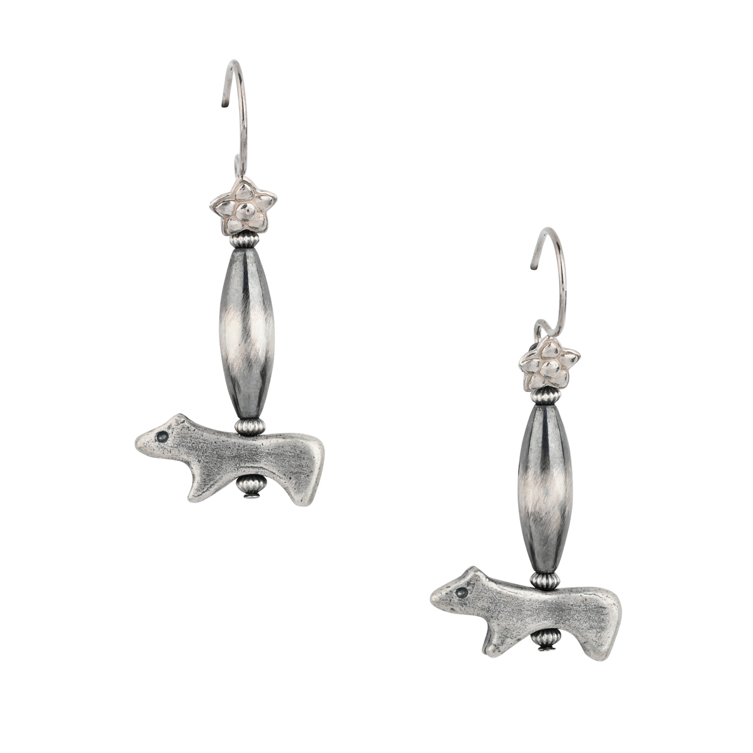Sterling Silver Bear totem earrings featuring solid Sterling Silver Bears with unique, long beading topped with mini flowers.