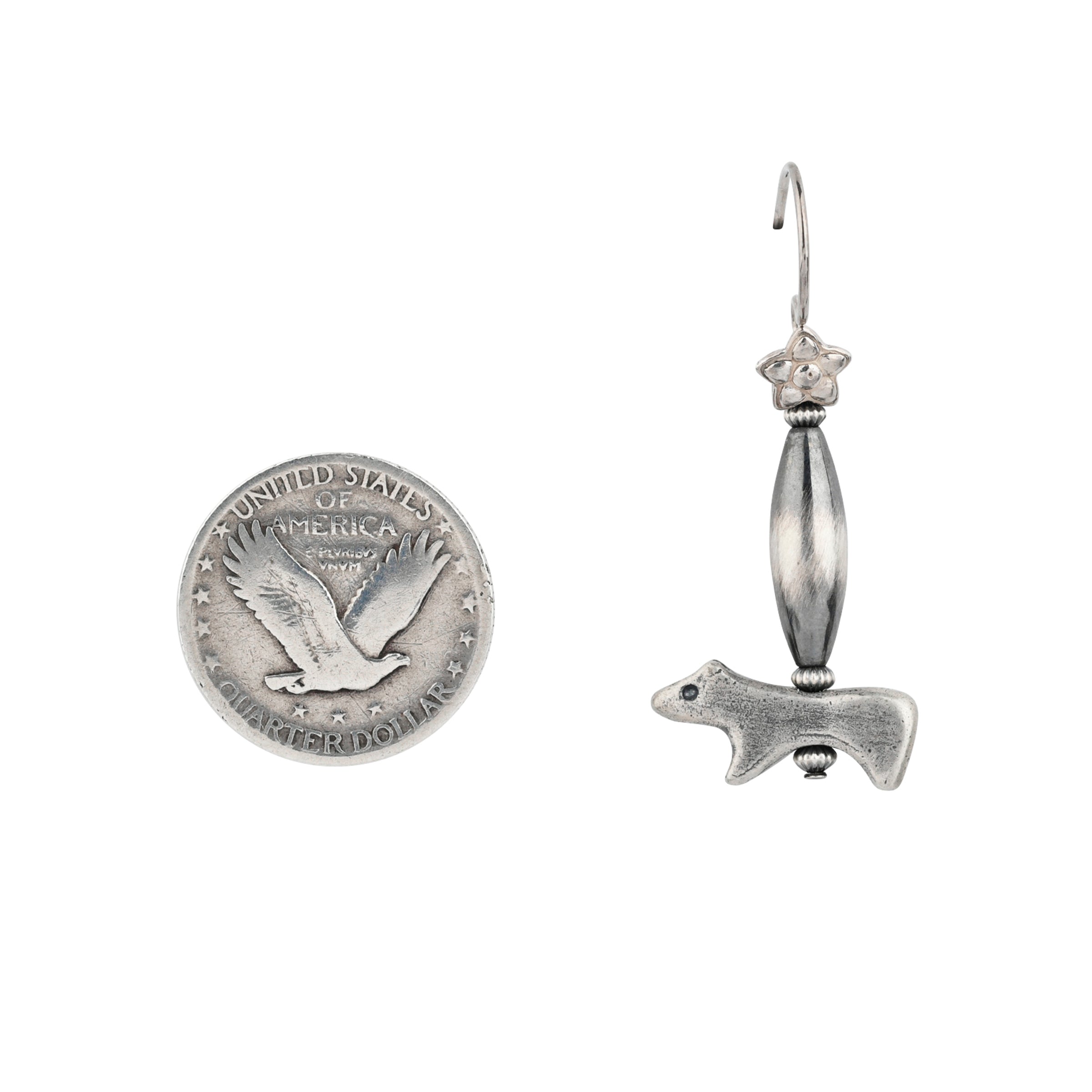 Sterling Silver Bear totem earrings featuring solid Sterling Silver Bears with unique, long beading topped with mini flowers.