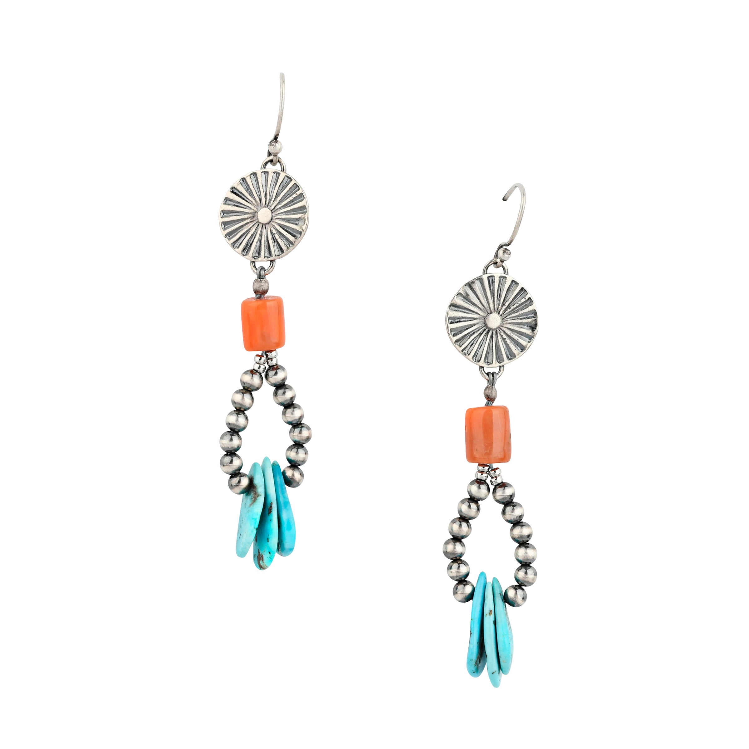 Beaded earrings strung with a Sterling Silver Sunburst focal point, Orange Coral, Desert Pearls, and tabs of Blue Turquoise