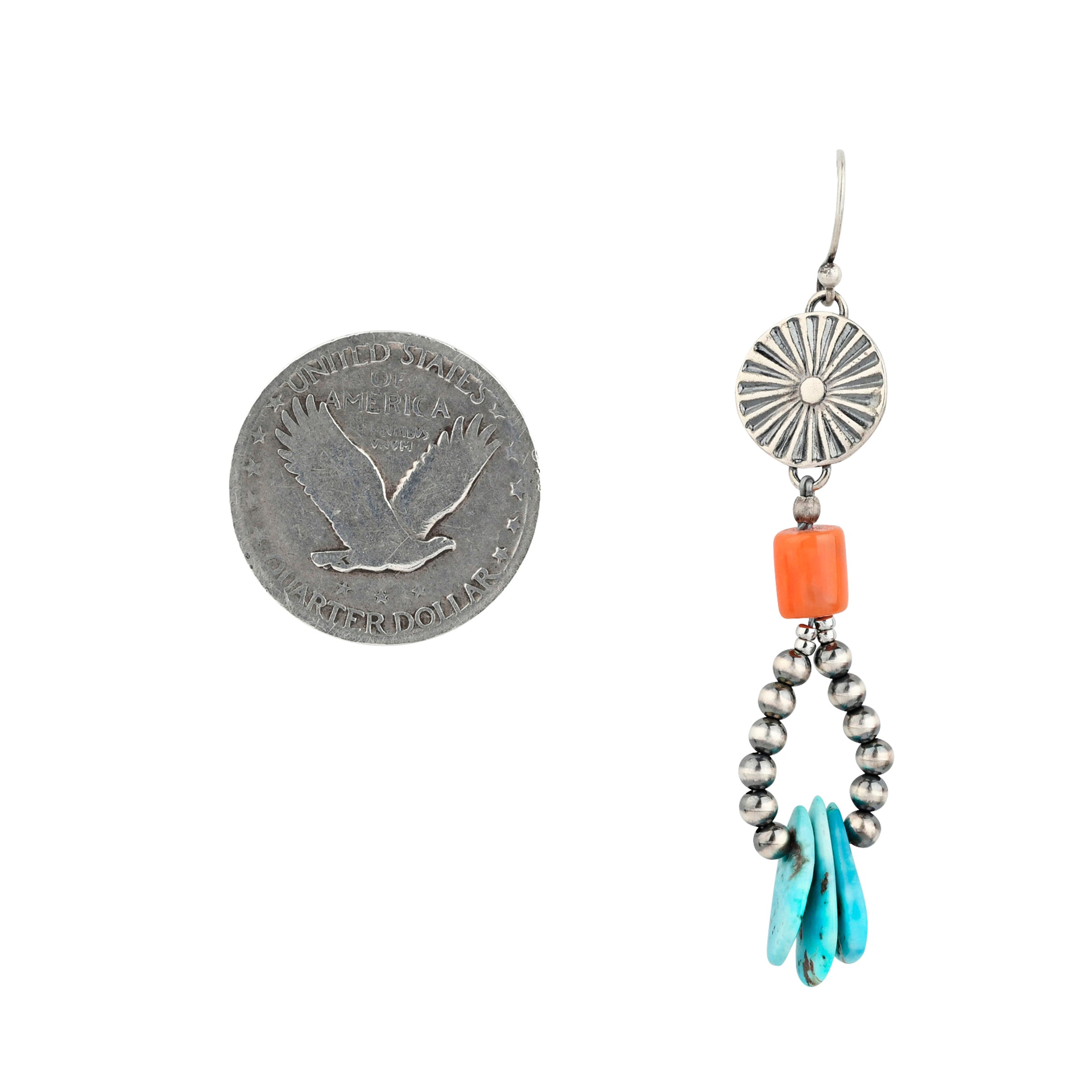 Beaded earrings strung with a Sterling Silver Sunburst focal point, Orange Coral, Desert Pearls, and tabs of Blue Turquoise