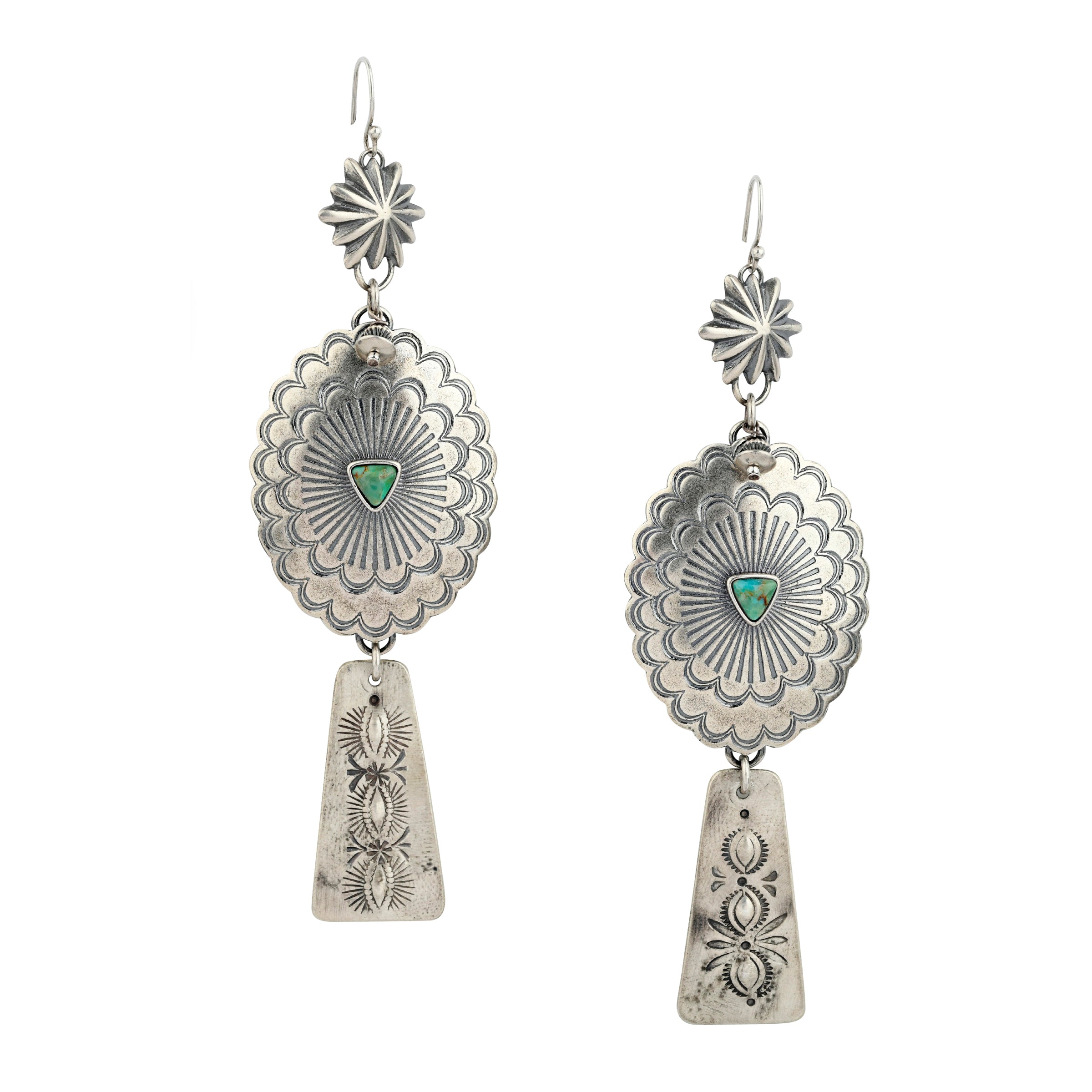 Classic Southwestern concho earrings that make a bold statement! Featuring Turquoise as the centerpiece surrounded by stamped Sterling Silver.