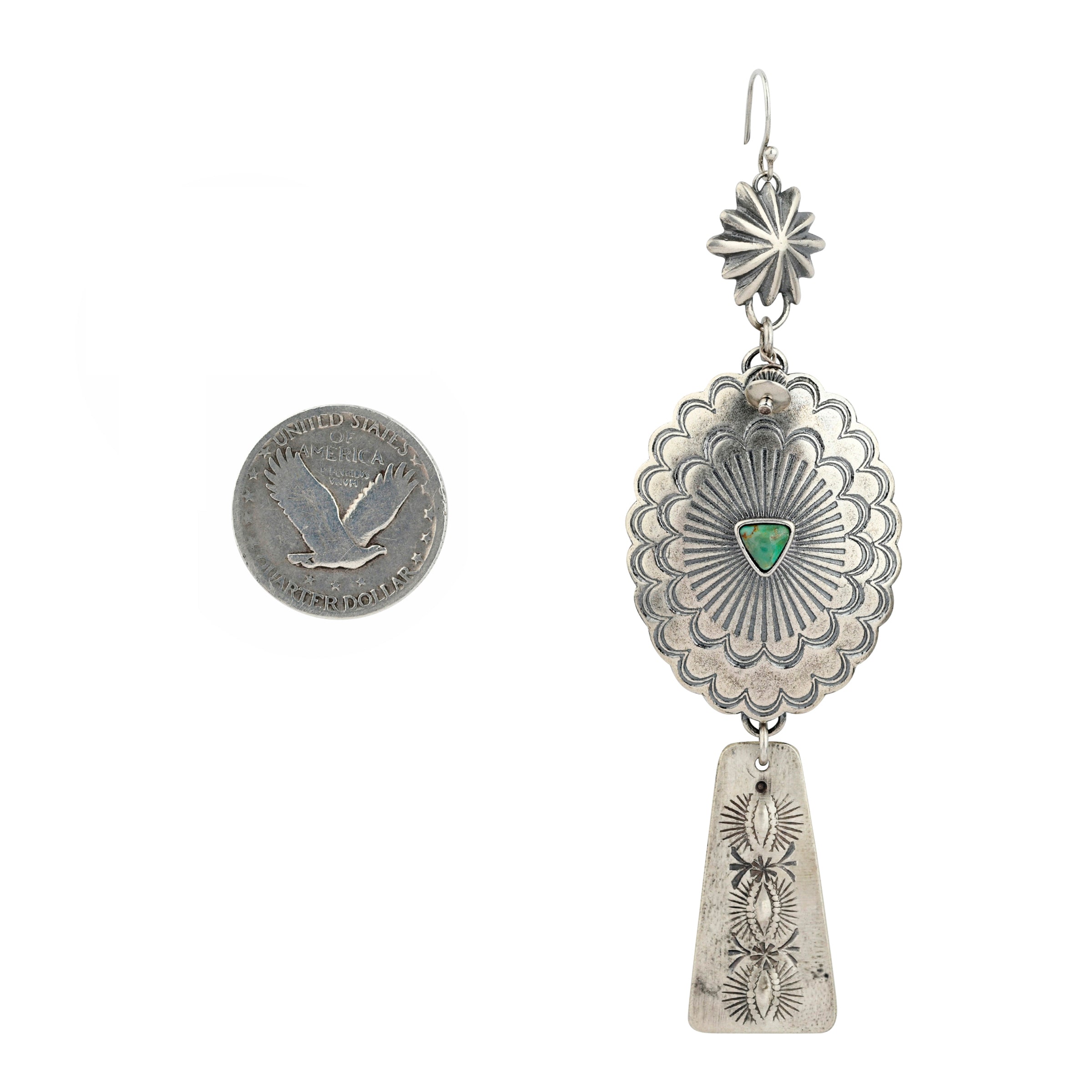 Classic Southwestern concho earrings that make a bold statement! Featuring Turquoise as the centerpiece surrounded by stamped Sterling Silver.