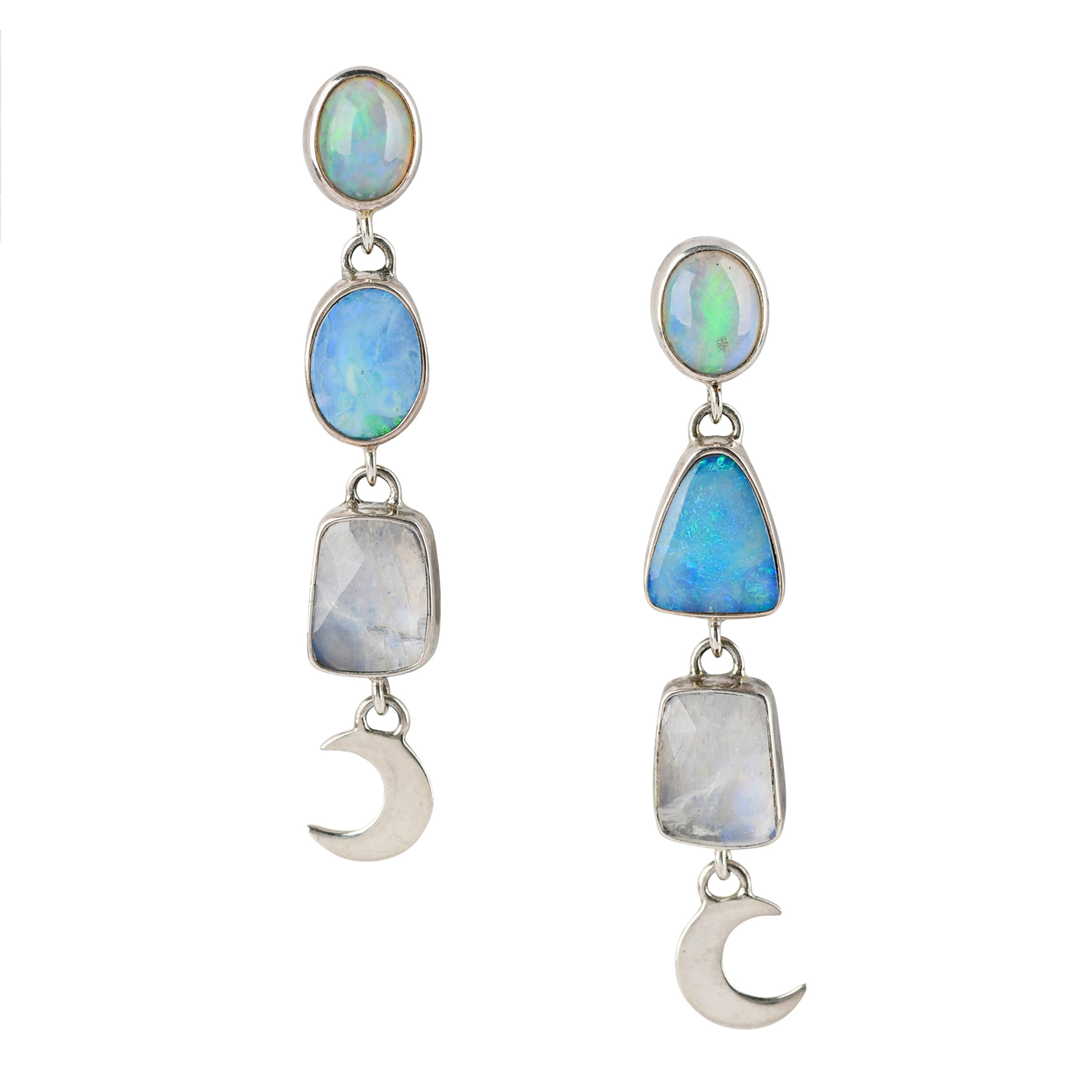 Labradorite, Opal and Moon charm post dangle earrings. 