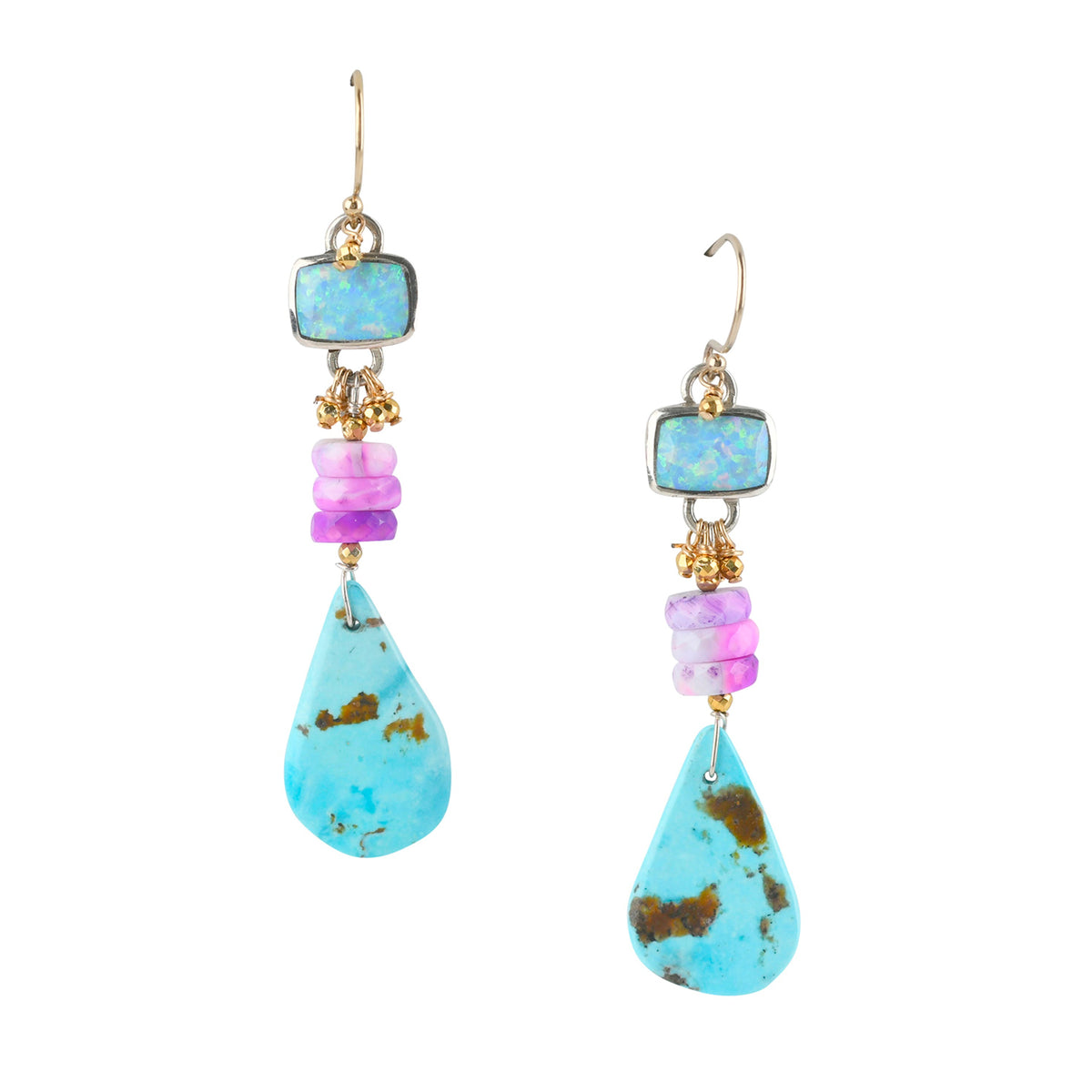 Southwestern turquoise tabs with opal dangle earrings. 