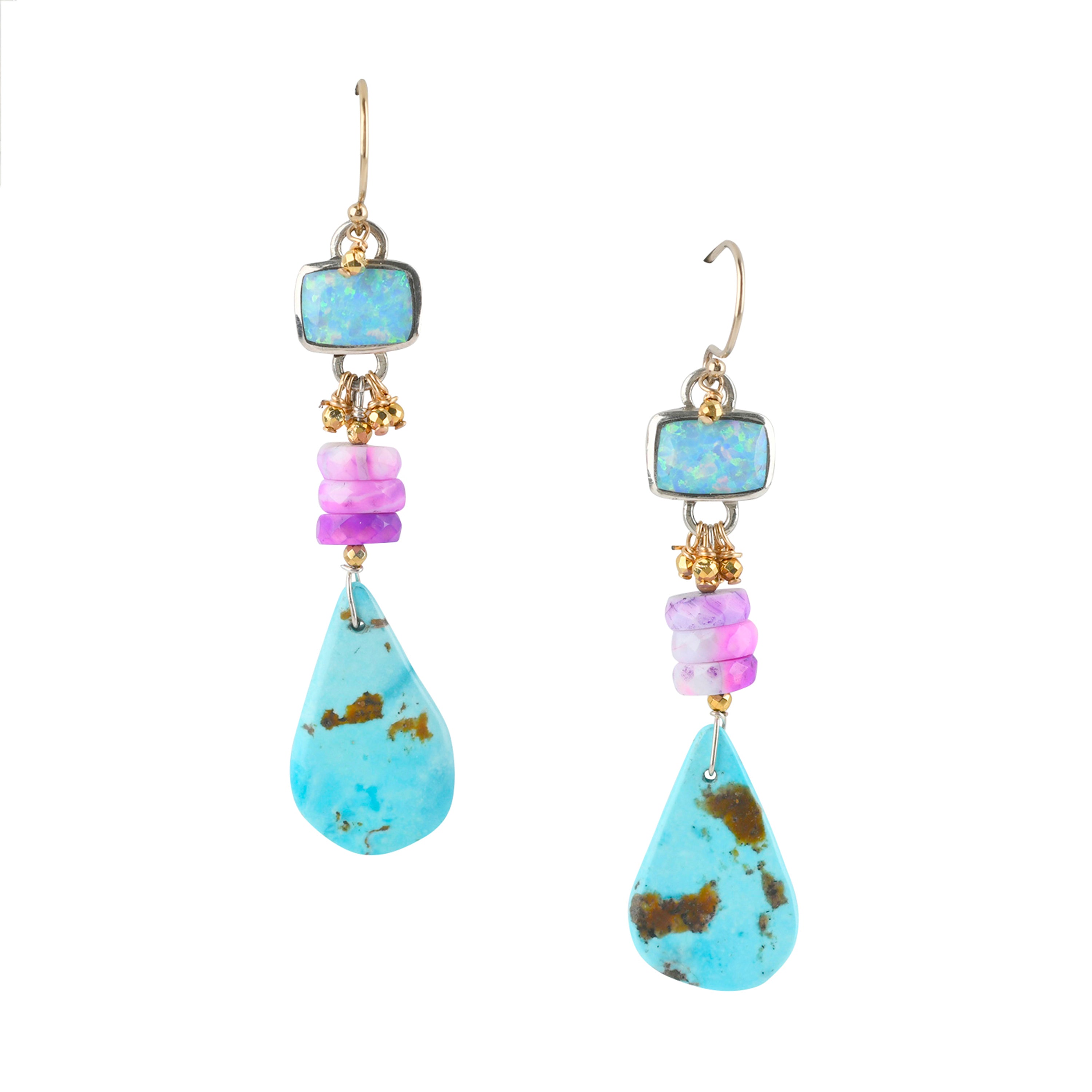 Southwestern turquoise tabs with opal dangle earrings. 