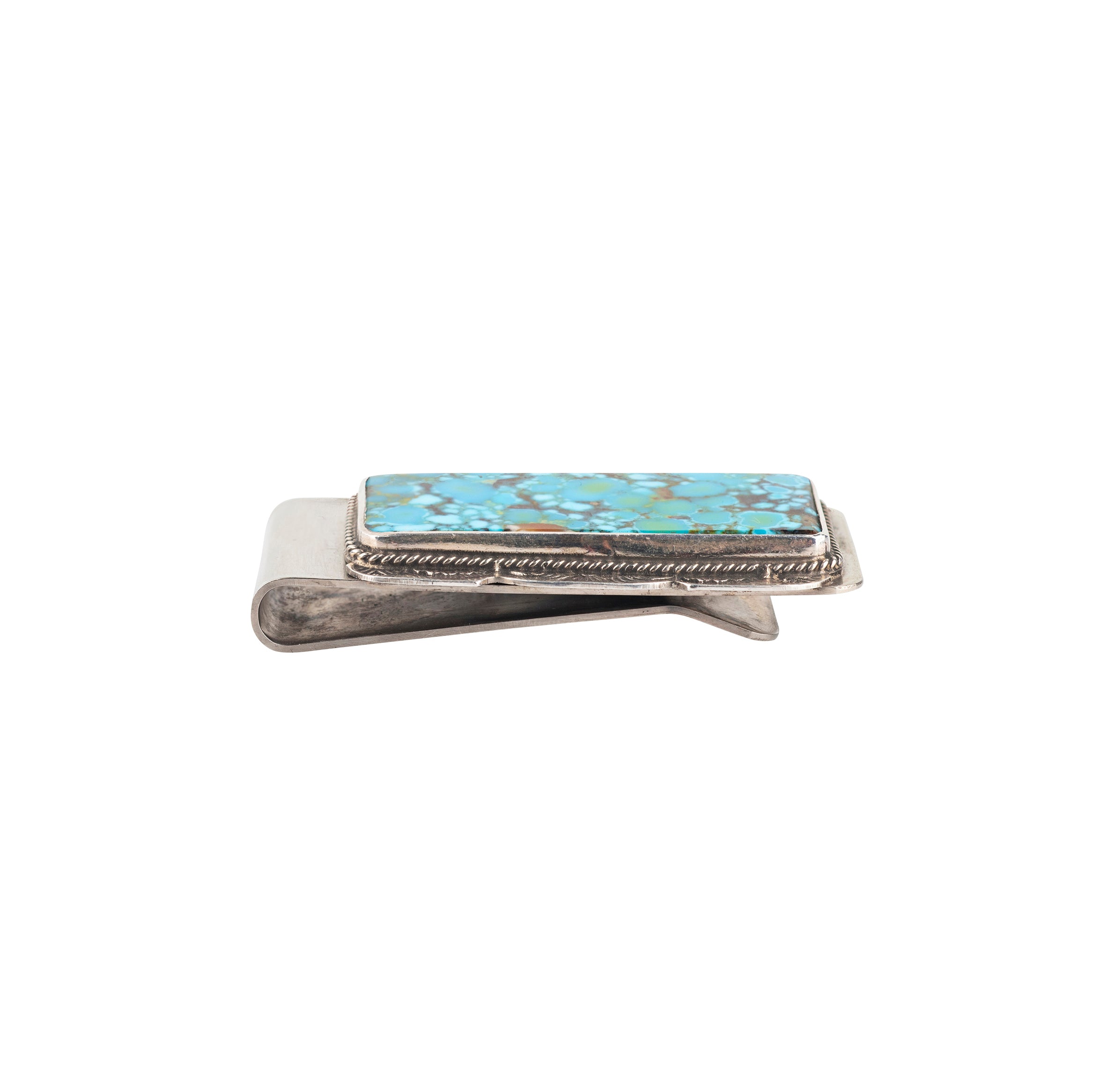 Aldrich Art Sea Change Money Clip, artisan, sterling silver, Kingman spiderweb turquoise, made in USA, accessory