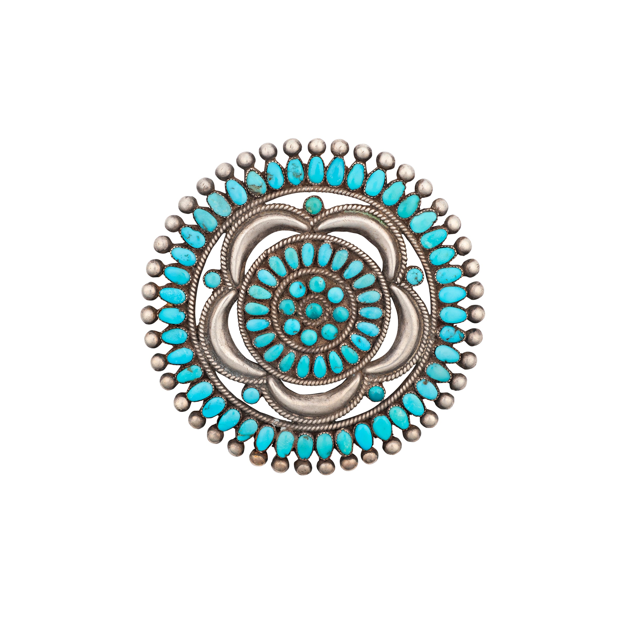 Vintage Zuni Desert Nova Pin (c.1950's), sterling silver, native, made in USA, accessory, Natural Nevada turquoise