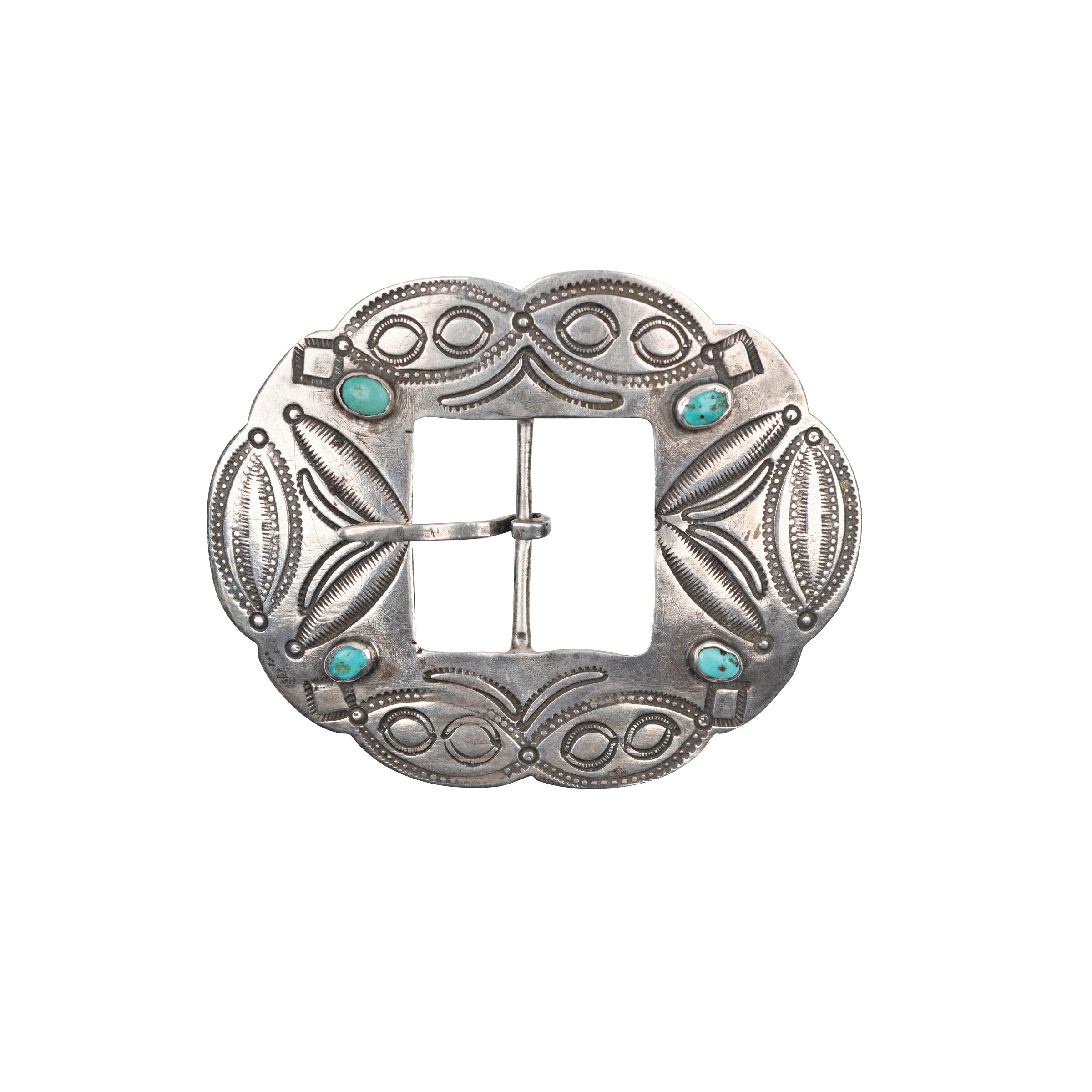 Vintage Navajo Four Corners Belt Buckle (c.1940's), native, sterling silver, Fox turquoise, made in USA, accessory 