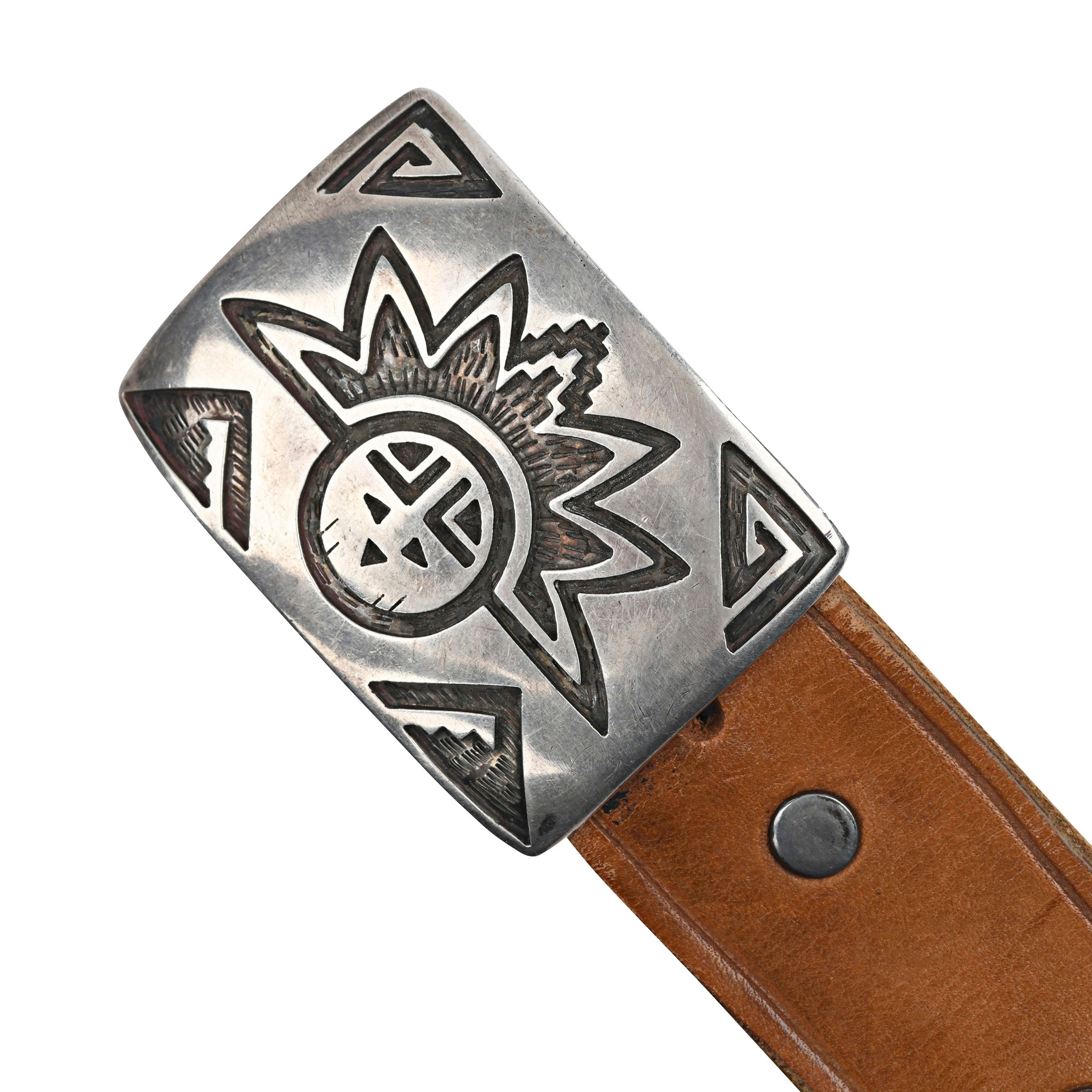 Vintage Hopi Sun Face Buckle w/vintage leather belt (c.1960's), sterling silver, native, made in USA, wild west, accessory